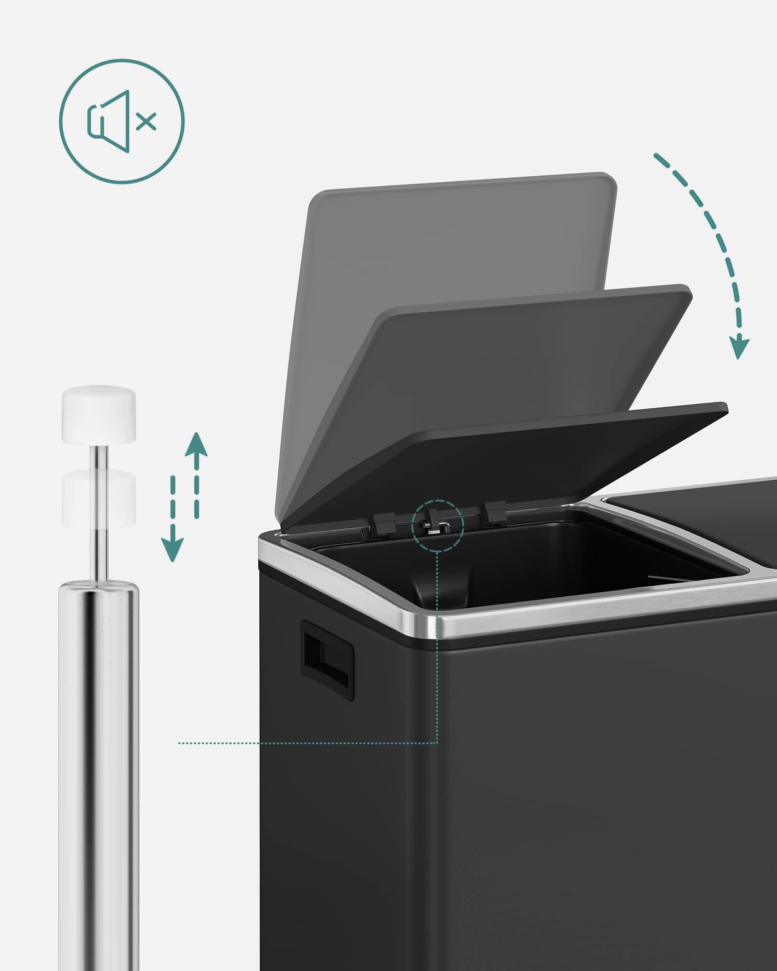 SONGMICS prügikast, jäätmete sorteerimissüsteem 2 sektsiooniga, pedaaliga köögiprügikast, 48 L, pehme sulgumisega, plastikust sisekonteinerid, must LTB48BK, 58,5 x 32 x 54,5 cm – pakend ja tarvikud