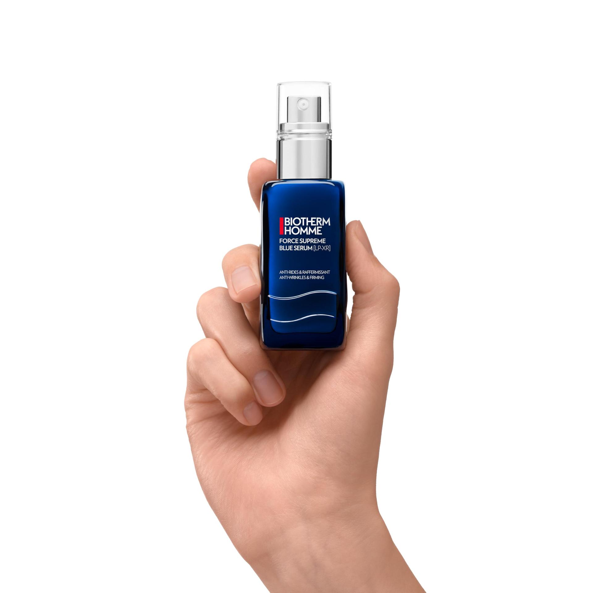 Biotherm Homme Force Supreme Blue Serum, noorendav vananemisvastane näoseerum igapäevaseks näohoolduseks meestele, 60ml – pakend ja tarvikud