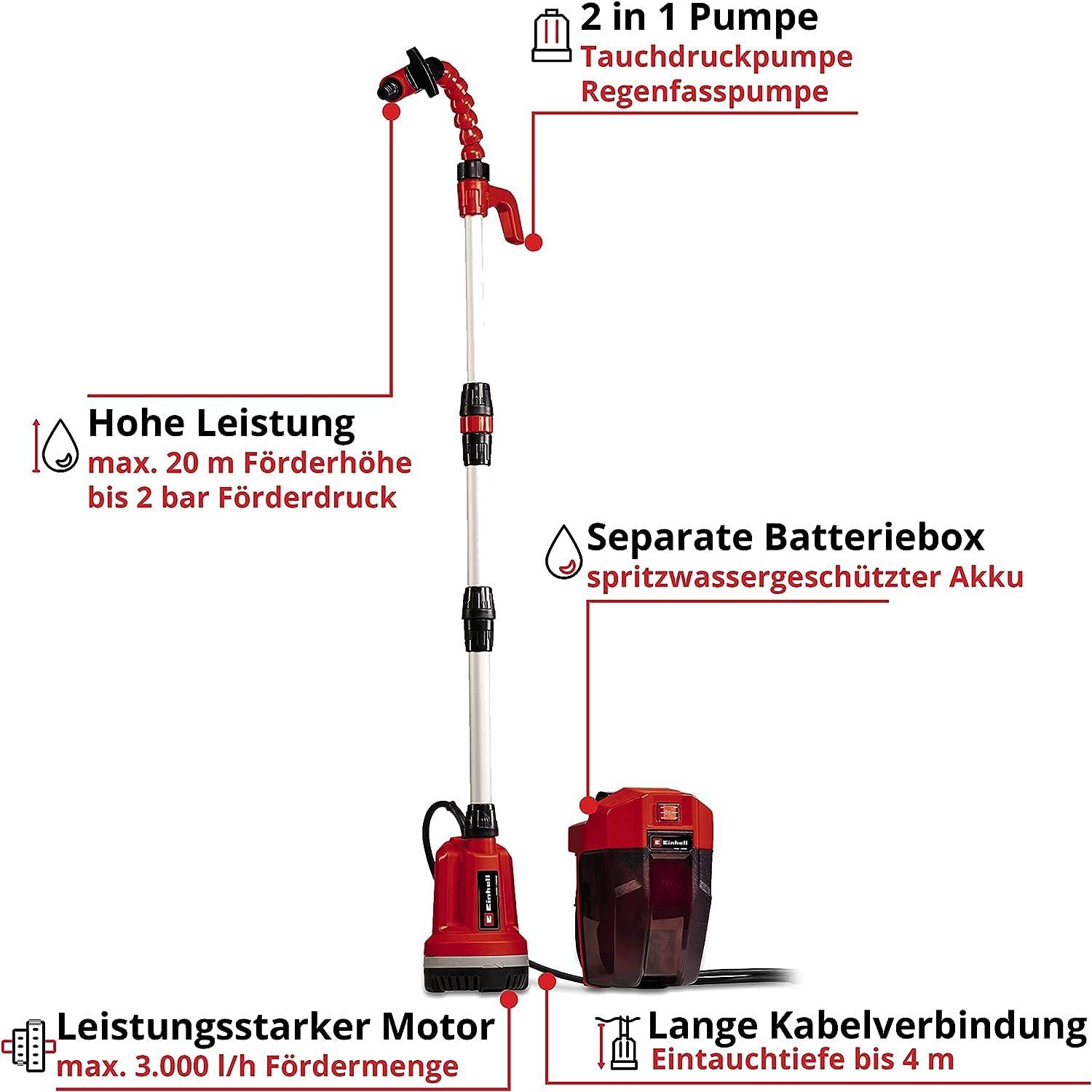 Einhell aku-sukelduspump/Regenveepump GE-PP 18 RB Li-Solo Power X-Change (18 V, maksimaalne surve 2 bar, kuni 3.000 L/h, paindlik akukarp, ilma akuta) – pakend ja tarvikud