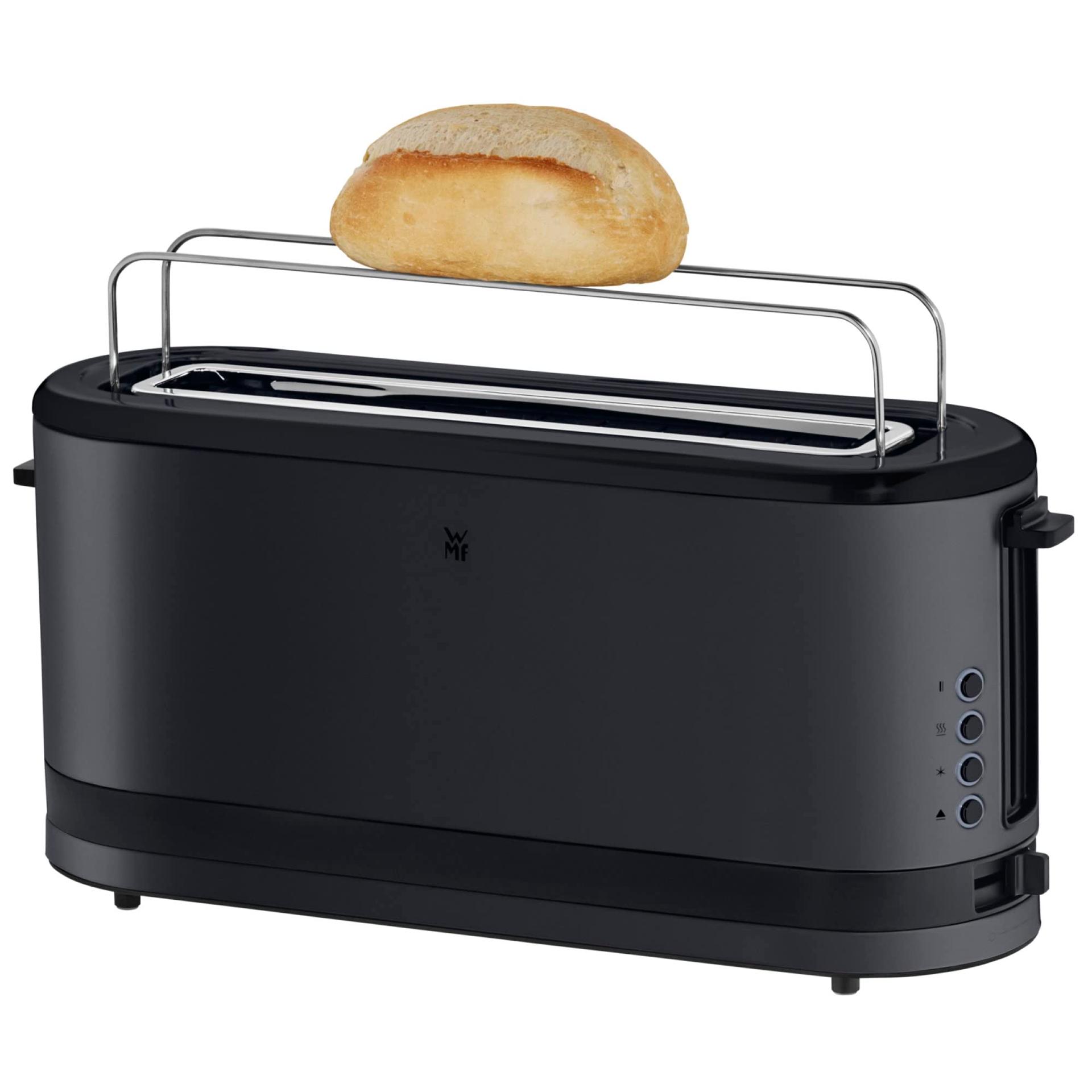 WMF Küchenminis kitsas 2-viiluline röster koos kuklisoojendajaga, XXL, bagelifunktsioon, 7 pruunistusastet, 900W, roostevaba teras, must – pakend ja tarvikud
