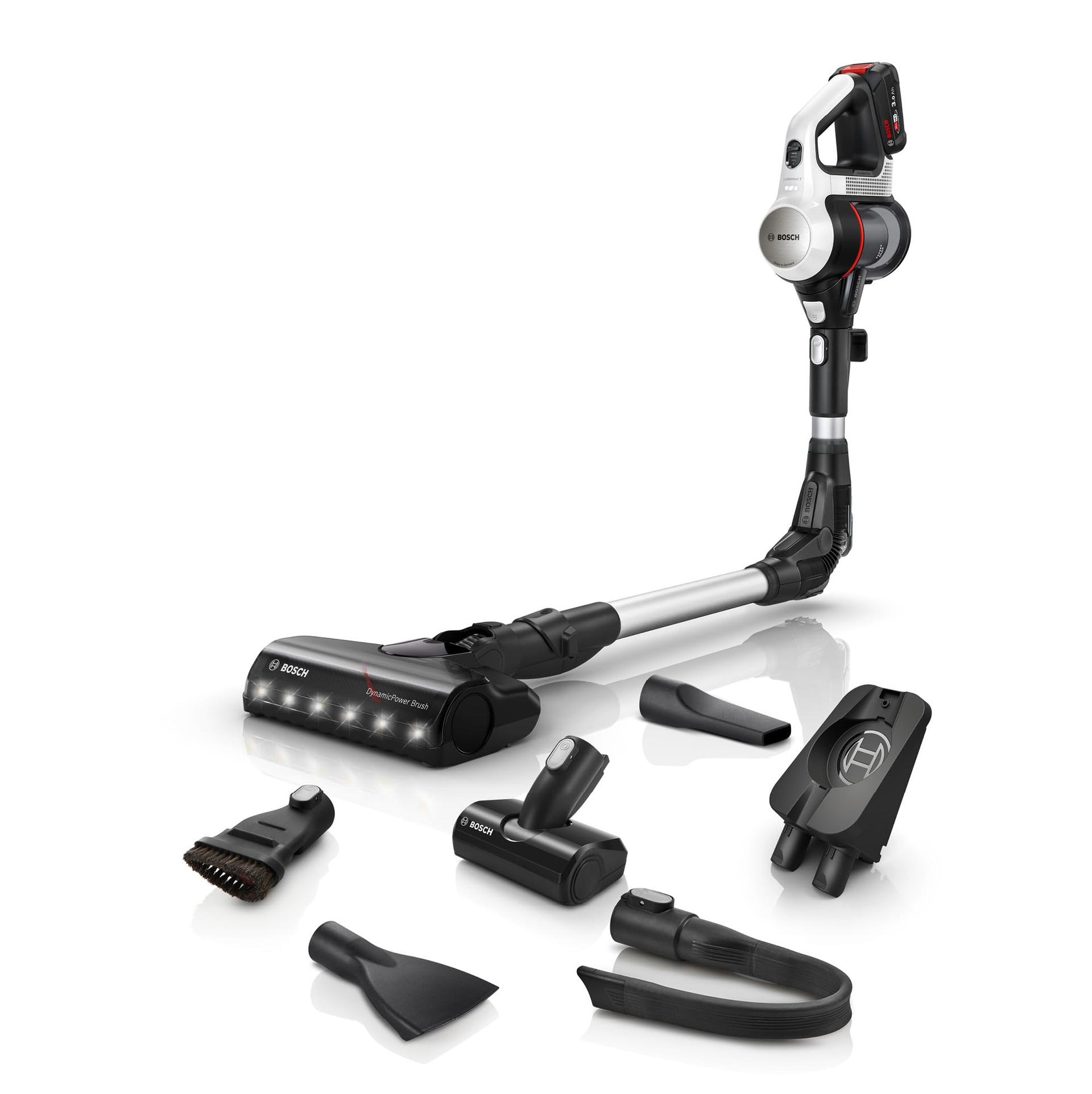 Bosch juhtmeta tolmuimeja Unlimited 7 BKS711MTB, tolmukotita, vahetatava akuga, painduva toruga, hügieenifiltriga, 10-aastase mootorigarantiiga, mini-turbodüüsiga, LED-valgustusega, turborežiimiga, valge