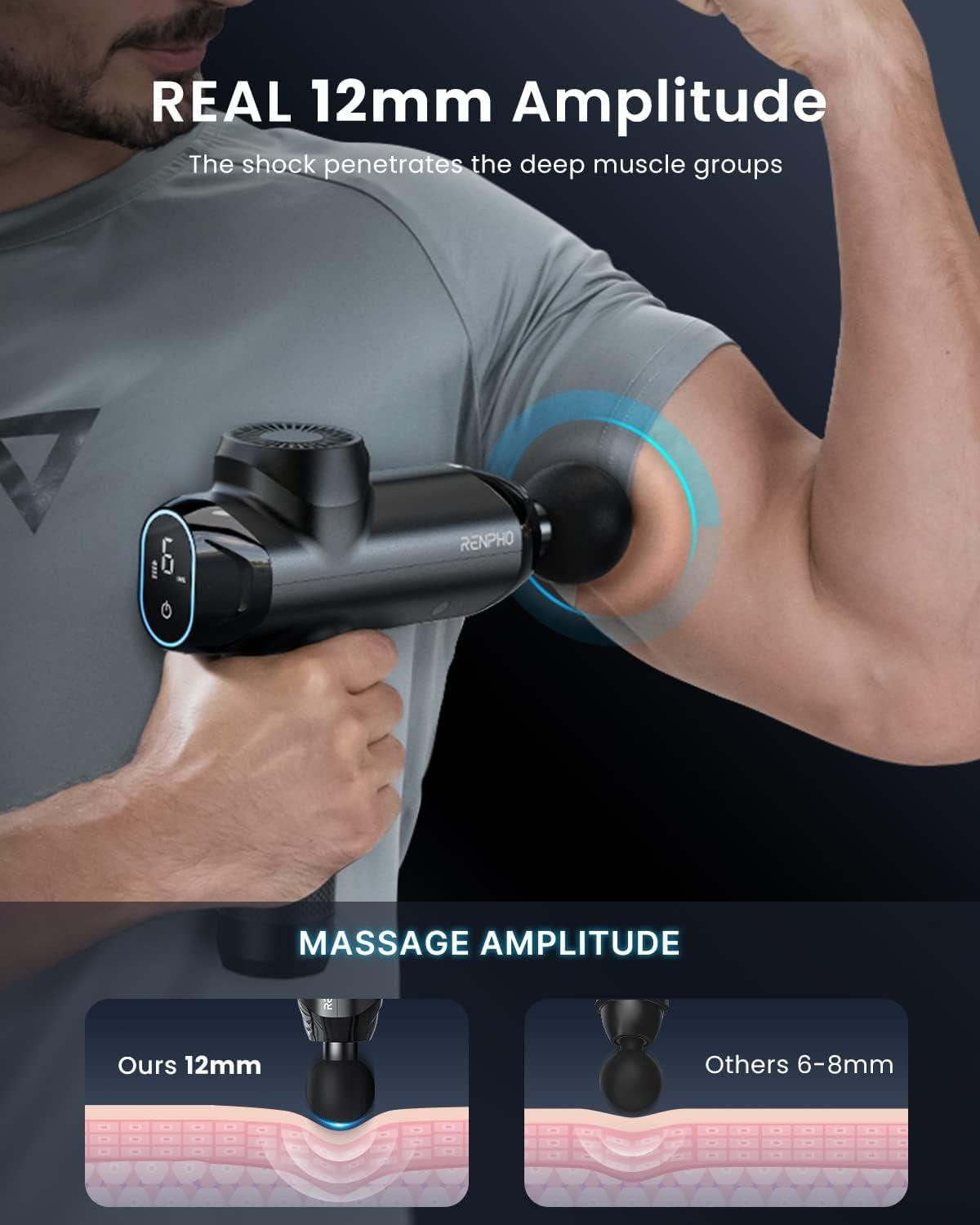 RENPHO R3 Power massaažipüstol, 12MM amplituudiga massaažiseade Type-C laadimise ja 6 massaažiotsikuga, LED-puuteekraaniga seljamassaažiseade, kingitus meestele – lisavaade