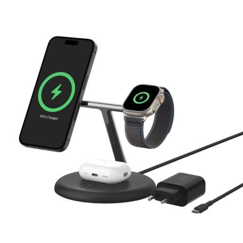Belkin juhtmevaba 3-in-1 laadimisjaam magnetilise MagSafe-ühilduva Qi2 tehnoloogiaga