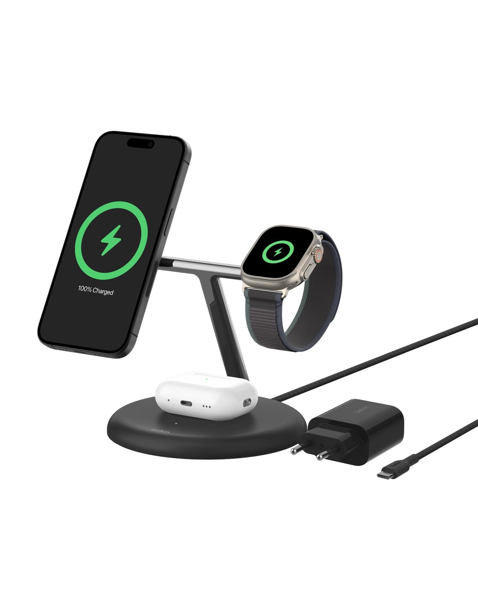 Belkin juhtmevaba 3-in-1 laadimisjaam magnetilise MagSafe-ühilduva Qi2 tehnoloogiaga, 15 W, sobib iPhone 16, 15, 14, 13 seeriaga, AirPods, Apple Watch – must – detailne vaade