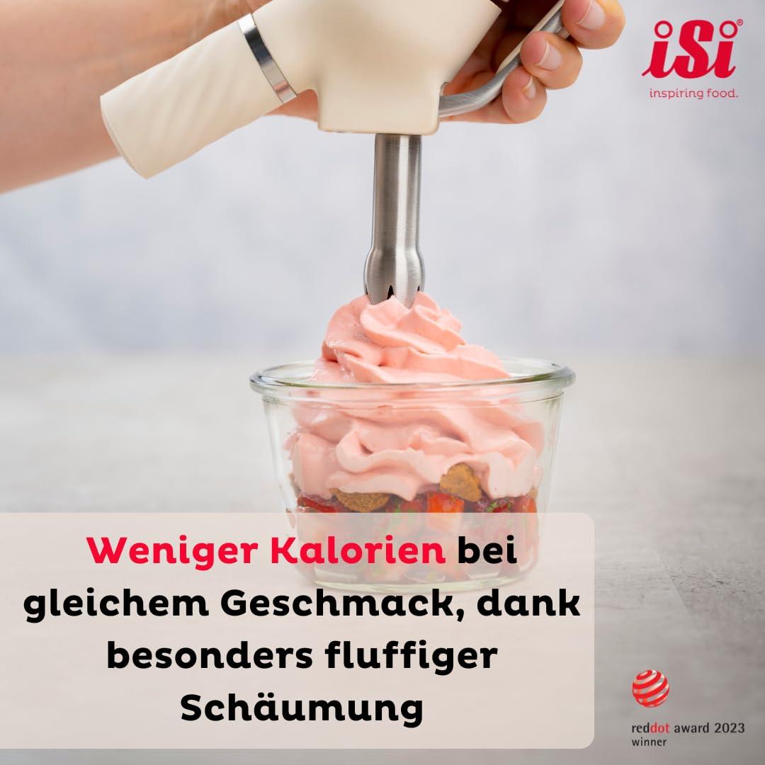 iSi Creative Whip Premium vahukoore sifoon 250ml, elevandiluuvalge, roostevabast terasest, sisaldab 3 roostevabast terasest otsikut & 2 iSi vahukoorekapslit, iSi vahukoore dosaator magustoitudele ja soolastele roogadele, nõudepesumasinas pestav – pakend ja tarvikud