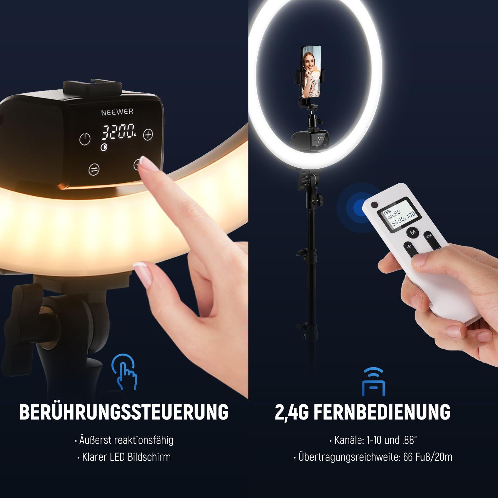NEEWER Ringvalgusti SRP18-2,4G 18-tolline LED koos statiivi ja telefoniklambriga, 2,4G & puutetundlik manuaalne juhtimine, 42W 3200-5600K valgustus tätoveeringutele, ripsmetele, juuksuritele ja fotograafiale (must) – lisavaade