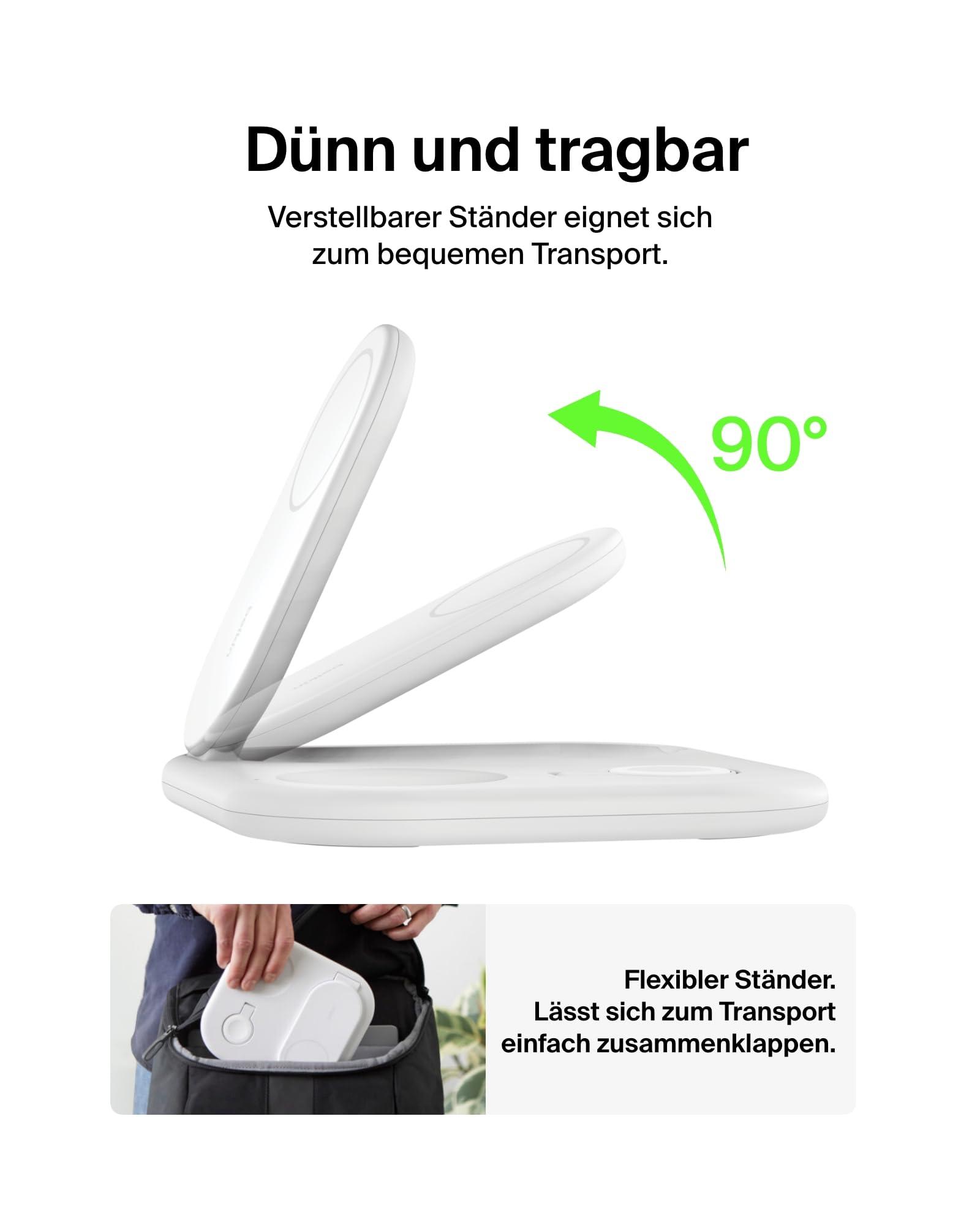 Belkin BoostCharge juhtmevaba 3-ühes laadimisjaam Qi2, 15 W, kokkupandav MagSafe-ühilduv statiiv Apple iPhone 16/15, Apple Watch, AirPods jaoks, libisemisvastane, kiirlaadimine, koos toiteadapteriga – Valge – lisavaade