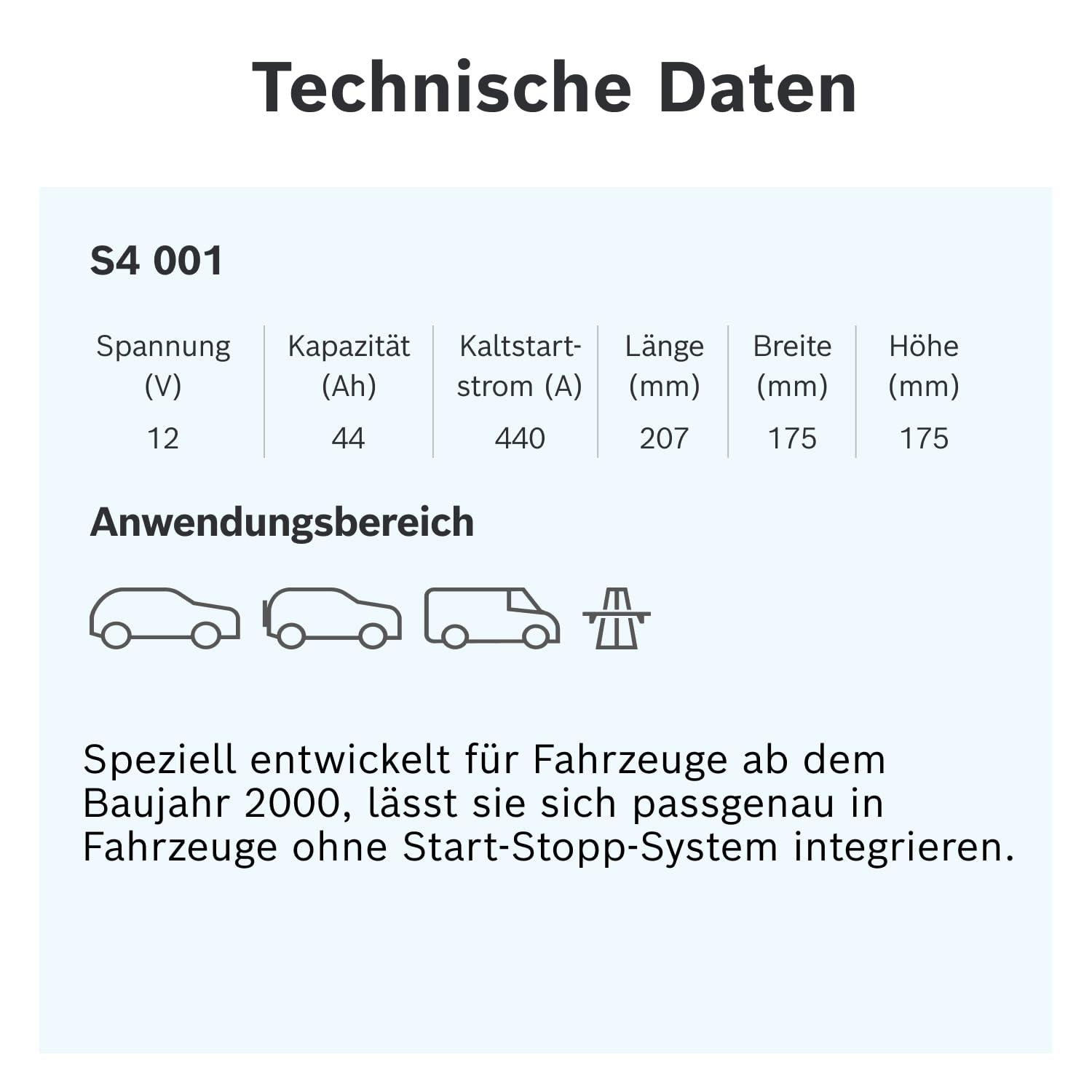 Bosch S4 001 Autobatteri 44 Ah – 440 A – 12 V, Pliiakuga autoaku sõidukitele ilma Start-Stopp-süsteemita – Polaarsus: vasak – parem +, 207 x 175 x 175 mm – pilt 6