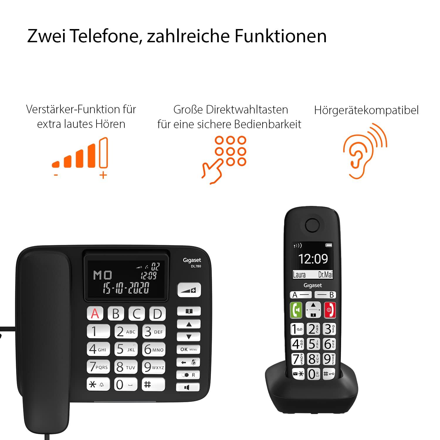 Gigaset DL780 Plus, juhtmega ja juhtmevaba telefon, kombikomplekt, võimendi funktsioon ekstra valjuks kuulamiseks, kuuldeaparaatidega ühilduv, ühine telefoniraamat, must [Saksa versioon] – pakend ja tarvikud