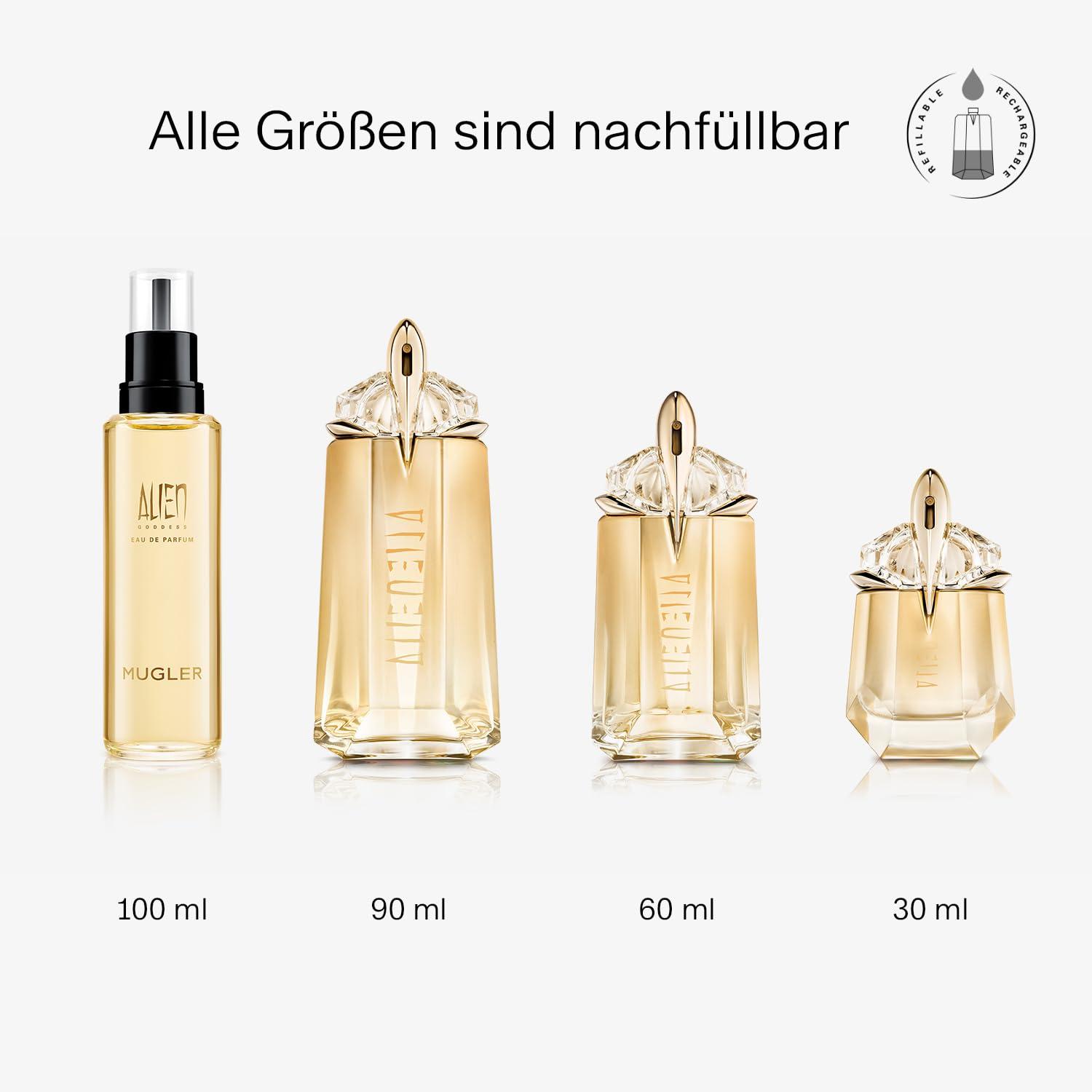 MUGLER Alien Goddess Eau de Parfum, Naiste parfüüm, Lillene, merevaigune ja puidune, Jumalik lõhn, Täidetav, 60 ml – kasutusnäide