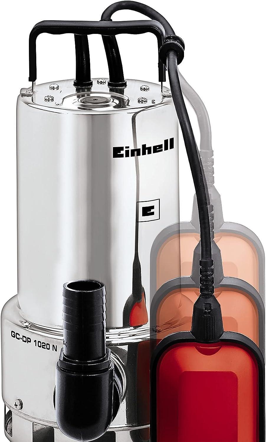 Einhelli mustaveepump GC-DP 1020 N (1000W, Ø20mm osakeste, 18 000L/h voolukiirus, ujuklüliti, kandesang, universaalühendustega) – pakend ja tarvikud