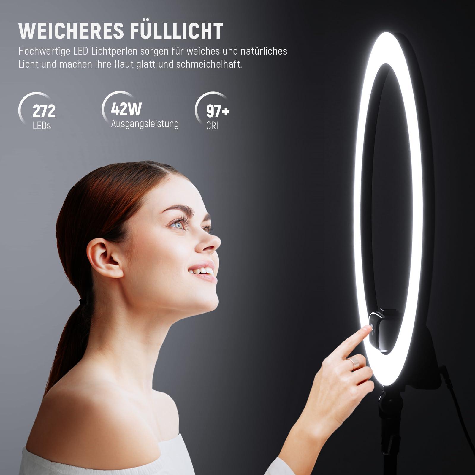 NEEWER Ringvalgusti SRP18-2,4G 18-tolline LED koos statiivi ja telefoniklambriga, 2,4G & puutetundlik manuaalne juhtimine, 42W 3200-5600K valgustus tätoveeringutele, ripsmetele, juuksuritele ja fotograafiale (must) – pakend ja tarvikud