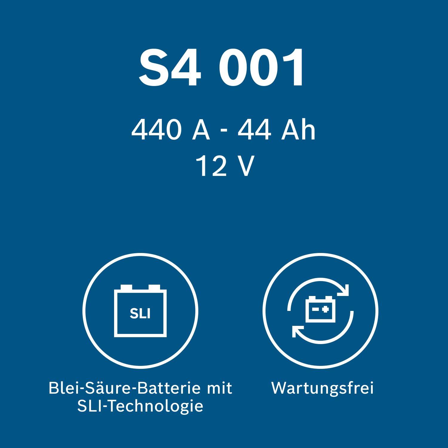 Bosch S4 001 Autobatteri 44 Ah – 440 A – 12 V, Pliiakuga autoaku sõidukitele ilma Start-Stopp-süsteemita – Polaarsus: vasak – parem +, 207 x 175 x 175 mm – pakend ja tarvikud