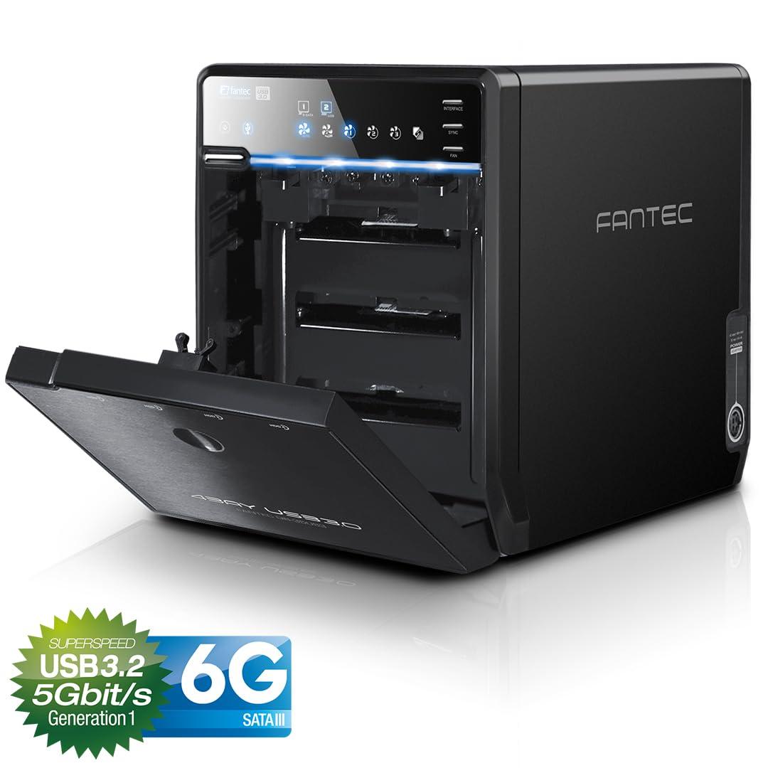 FANTEC QB-35US3-6G väline 4-kohaline kõvakettakorpus (sobib 4x 8,89 cm (3,5-tollistele) SATA I/II/III kõvaketastele, USB 3.0 SuperSpeed ja eSATA ühendus, 6G tugi, 80 mm temperatuuri järgi reguleeritav ventilaator) – pakend ja tarvikud