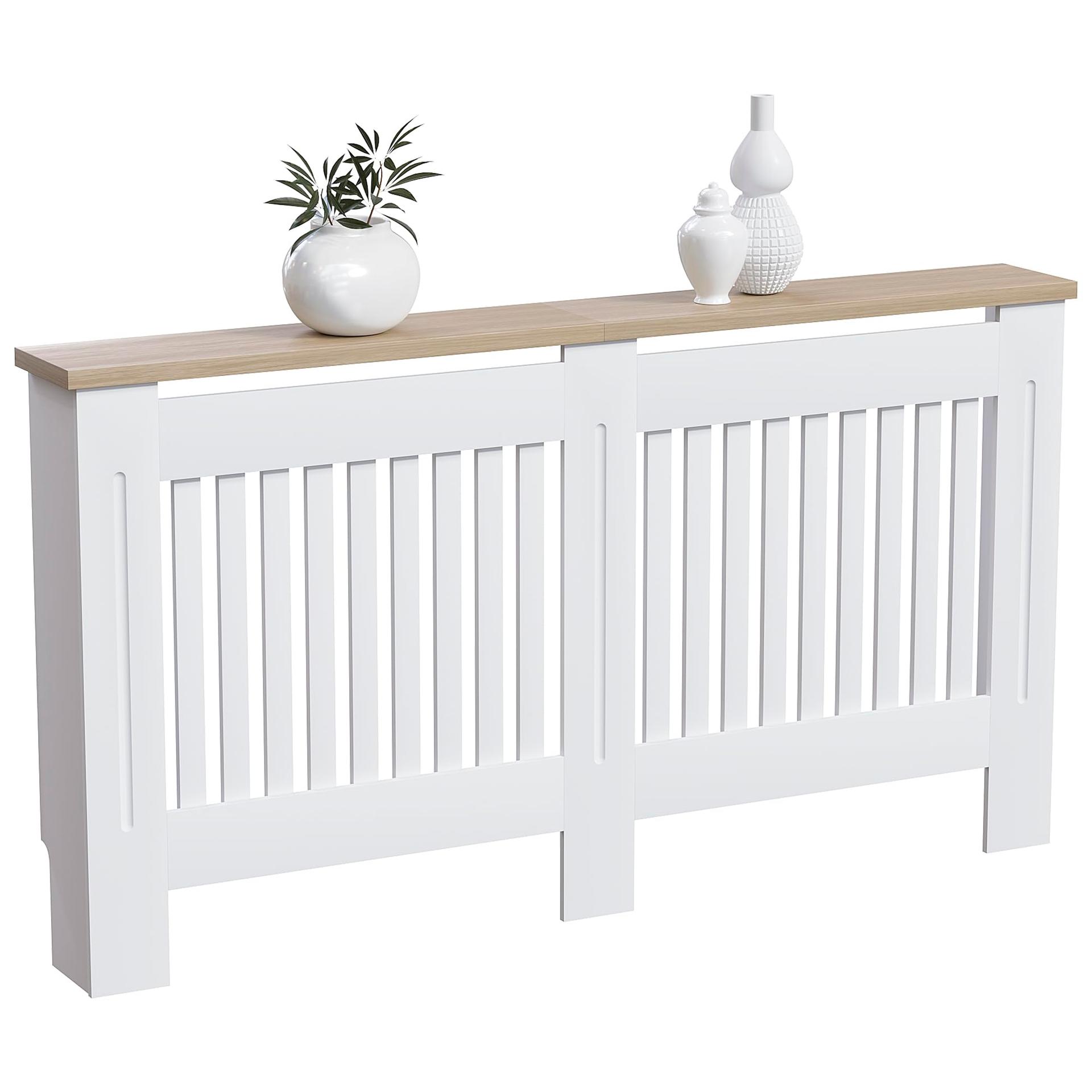 Vida Designs Arlington radiaatorikate, modernne, valge lakitud, MDF-kapp, liistud, sooned, pealmine puidust riiul, suur