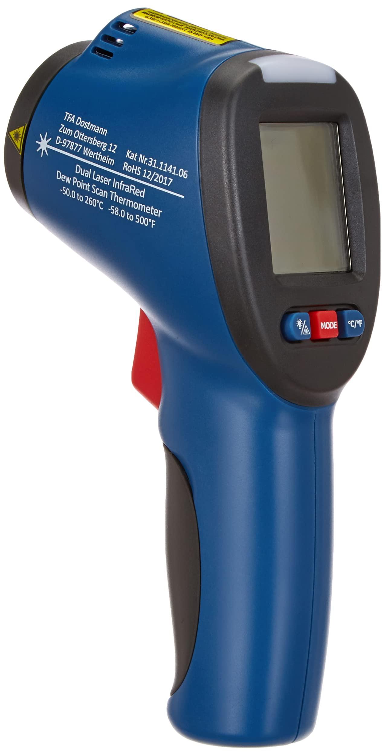 TFA Dostmann HALLITUSE DETEKTOR Infrapuna-Termomeeter Taupunktmõõtmise ja Topeltlaserviisriga, Sinine, L110 x B72 x H240 mm