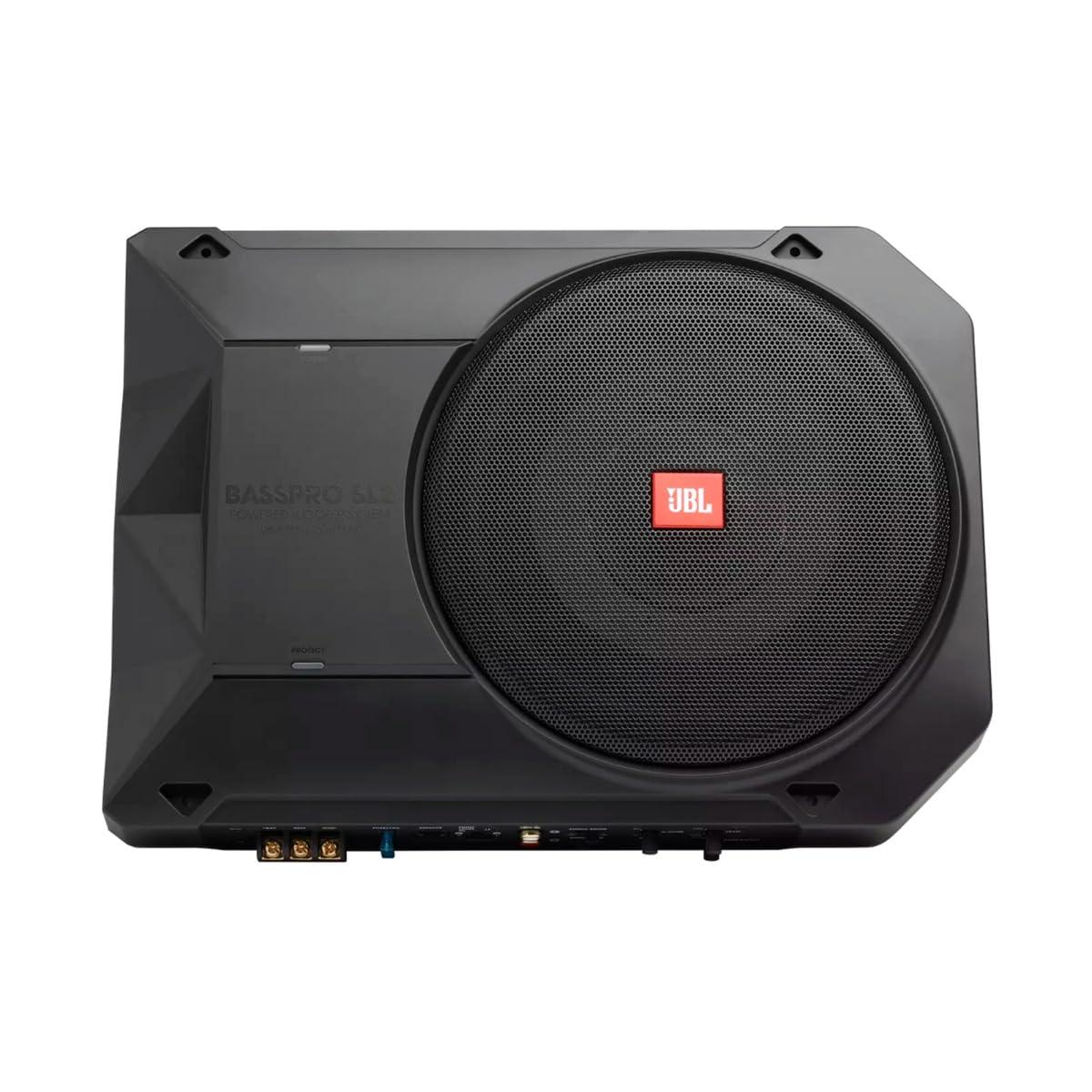 JBL BassPro SL2 aktiivne auto subwoofer – kompaktne auto bassikast 200mm (8-tolline) ja 125W võimendi, must – pakend ja tarvikud