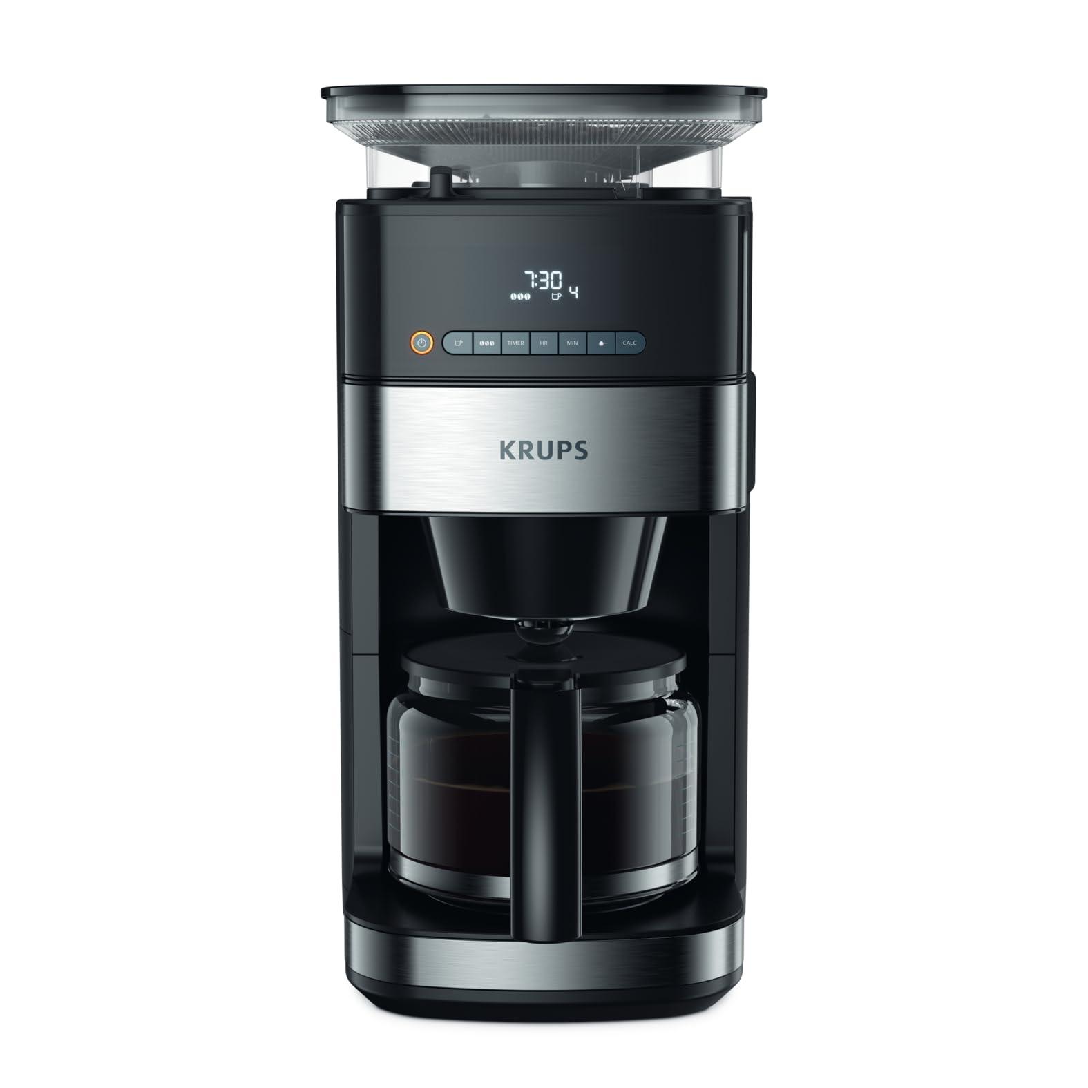Krups KM8328 Grind Aroma kohvimasin integreeritud veski ja 24-tunnise taimeriga | 180 g oamahuti | 1,25 L mahutavus kuni 15 tassile | Automaatne väljalülitus | 3 jahvatusastet | Must