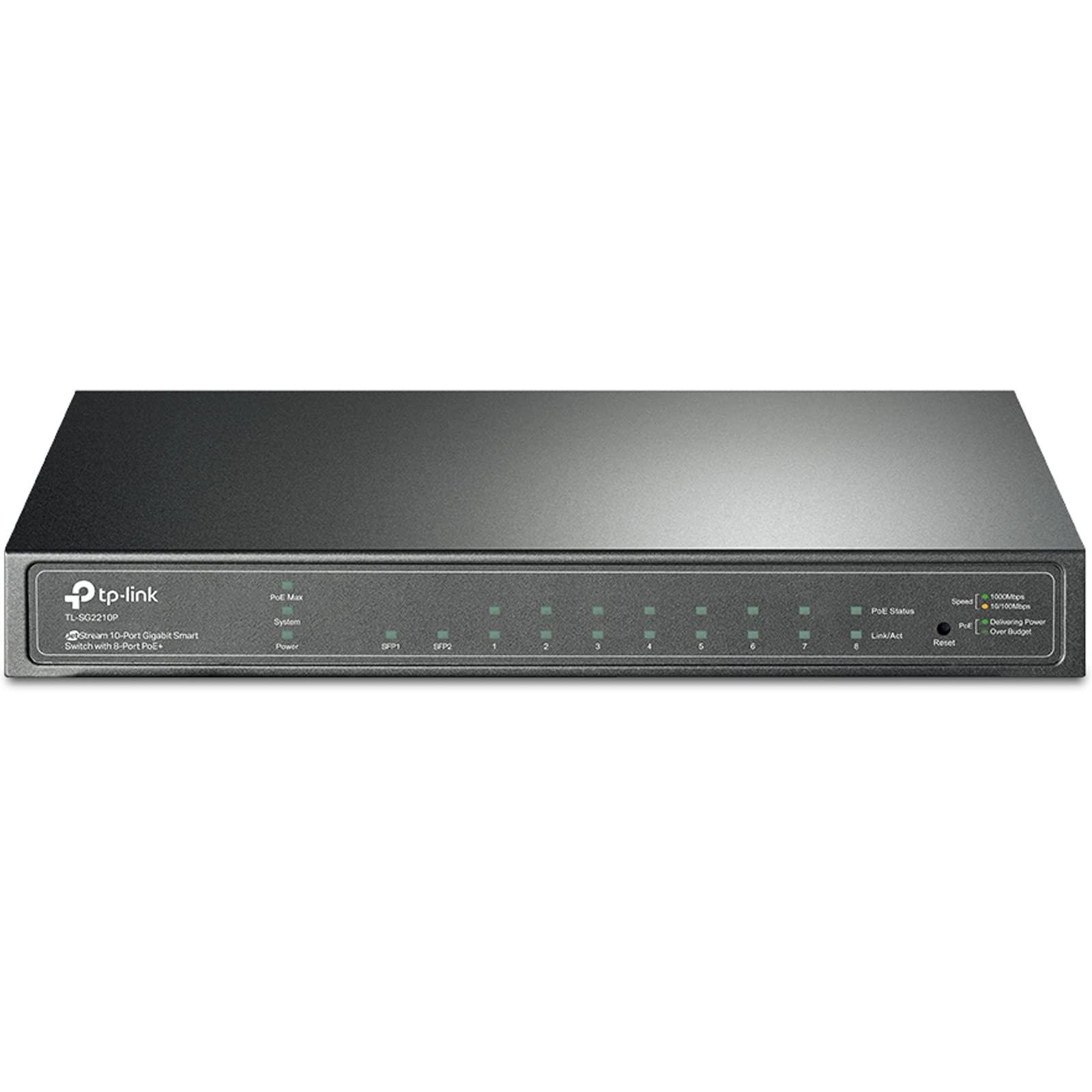 TP-Link TL-SG2210P 10-pordiline nutikas switch 8 PoE+ pordiga (61 W, tsentraalne pilvehaldus, integreeritud Omada SDN, IPv6 tugi, turvaline võrk) must – pakend ja tarvikud