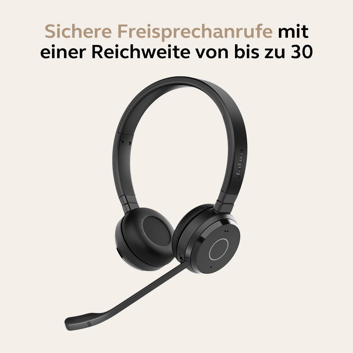 Jabra Evolve 65 TE juhtmevabad stereo kõrvaklapid, Unified Communications sertifitseeritud, 30 m ulatus, 12-tunnine aku, USB-A, topeltühenduvus – Must – pakend ja tarvikud