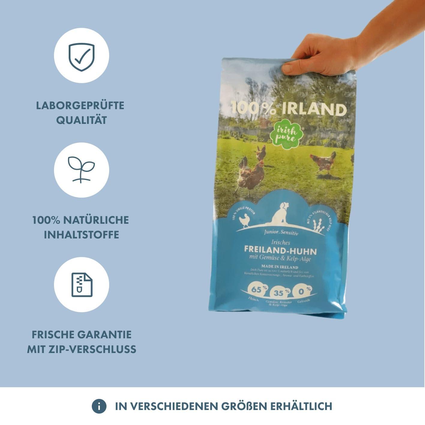 Irish Pure kuivtoit kutsikatele | 12kg | Vabapidamisel kana kelbi ja köögiviljadega | Junior | Kõrge lihasisaldus | Teraviljavaba | Tundlikule seedimisele | Kuivtoit koertele | Kõikidele tõugudele – lisavaade