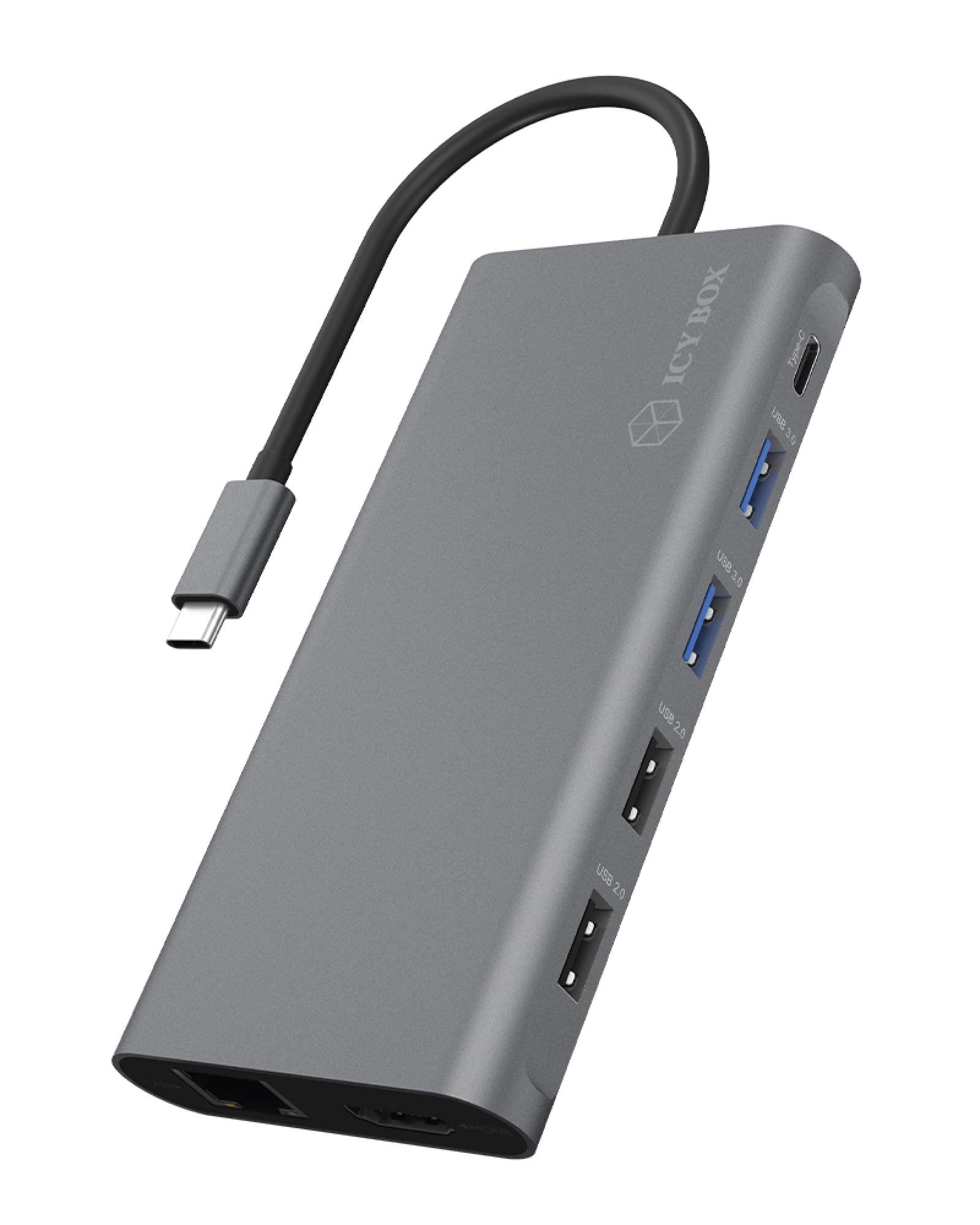 ICY BOX USB-C dokkimisjaam (12-ühes) 3 monitori jaoks (2x HDMI & 1x DP), 4K 60HZ, 3x USB 3.0 HUB, 100W toiteedastus, gigabit Ethernet, kaardilugeja, hall