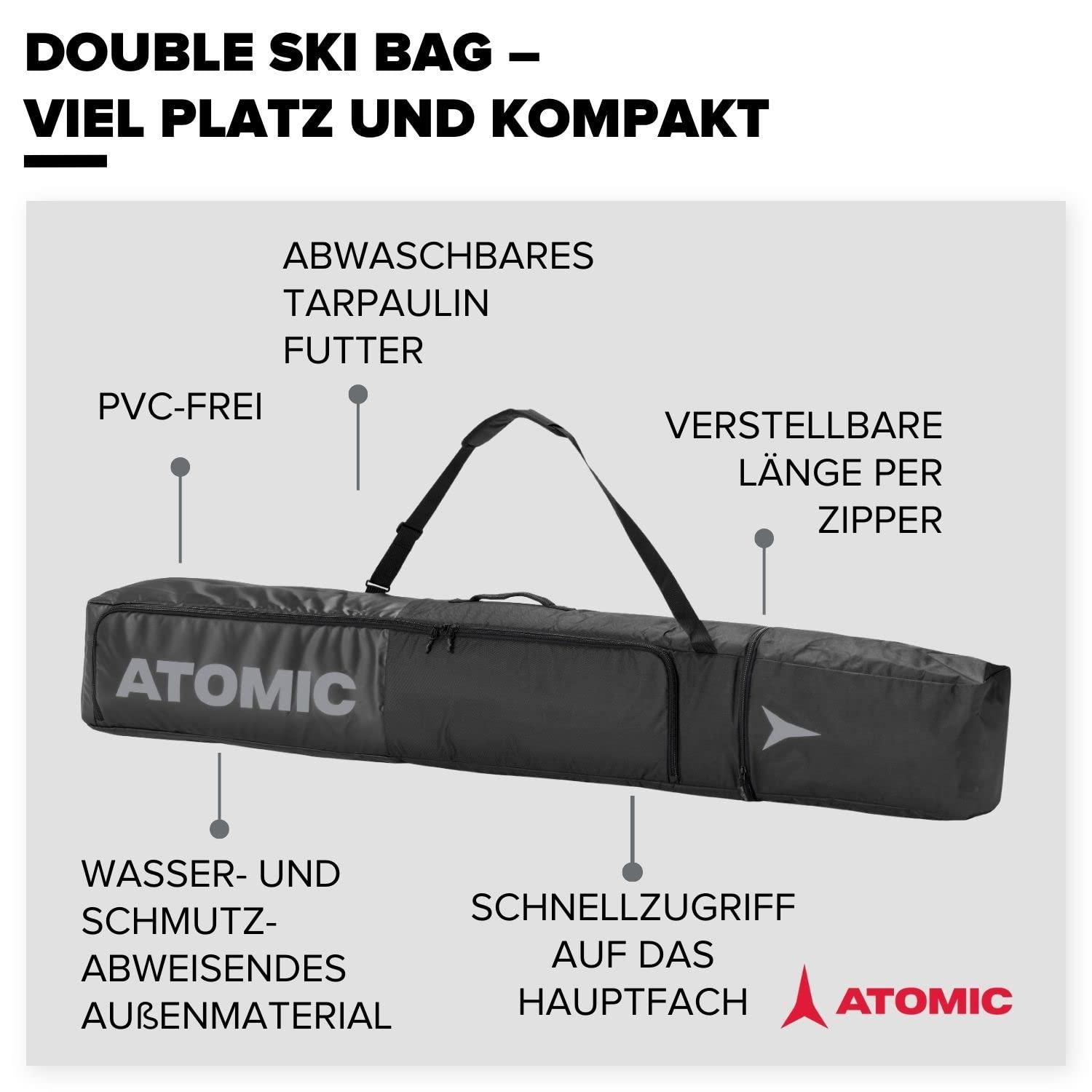 ATOMIC DOUBLE SKI BAG Must – kahe suusapaariga suusakott, reguleeritav pikkus (175 – 205 cm), veekindel ja mustust hülgav materjal, kaasas kanderihm – detailne vaade