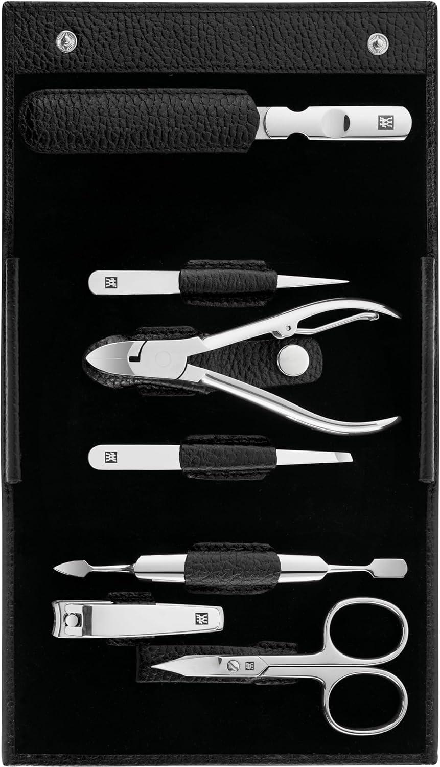 ZWILLING Maniküürikomplekt (7-osaline, Pediküürikomplekt, Reisisett, Küünehooldus, Ehtne Nahk), Roostevaba Teras, Poleeritud, Must