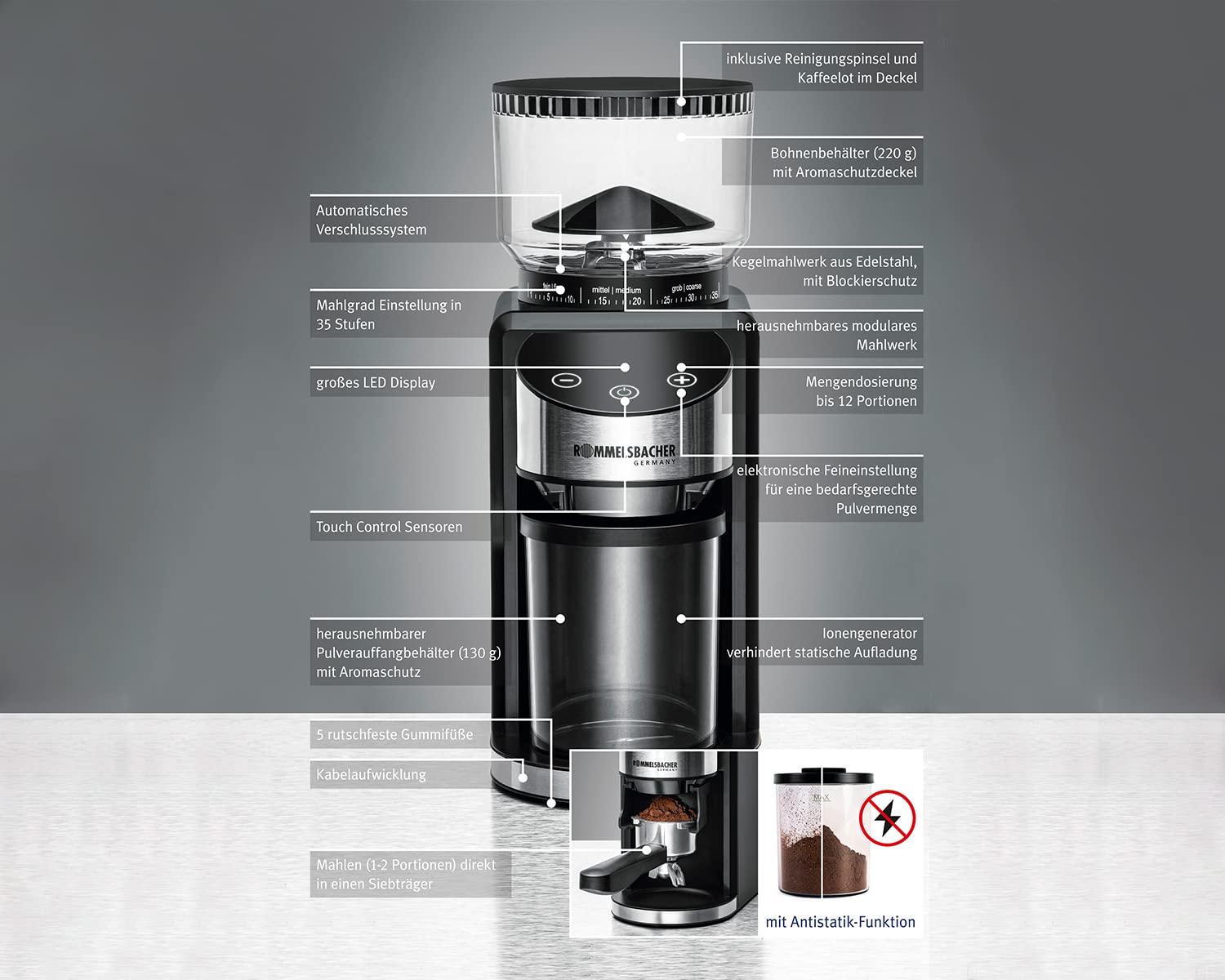 ROMMELSBACHER kohviveski EKM 400 – koonusjahvatus, antistaatiline funktsioon, 12 portsjonit, hoidik portafiltrile, 35-astmeline jahvatusseade, 220 g ubade mahuti, 130 W – lisavaade