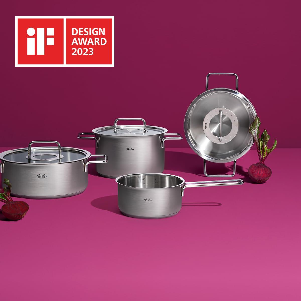 Fissler Pure Collection / Roostevabast terasest serveerimispann (Ø 28 cm) katmata praepann, sisemine mõõteskaala, kõrge serv, 10-aastane garantii – Induktsioon, Hõbe – detailne vaade