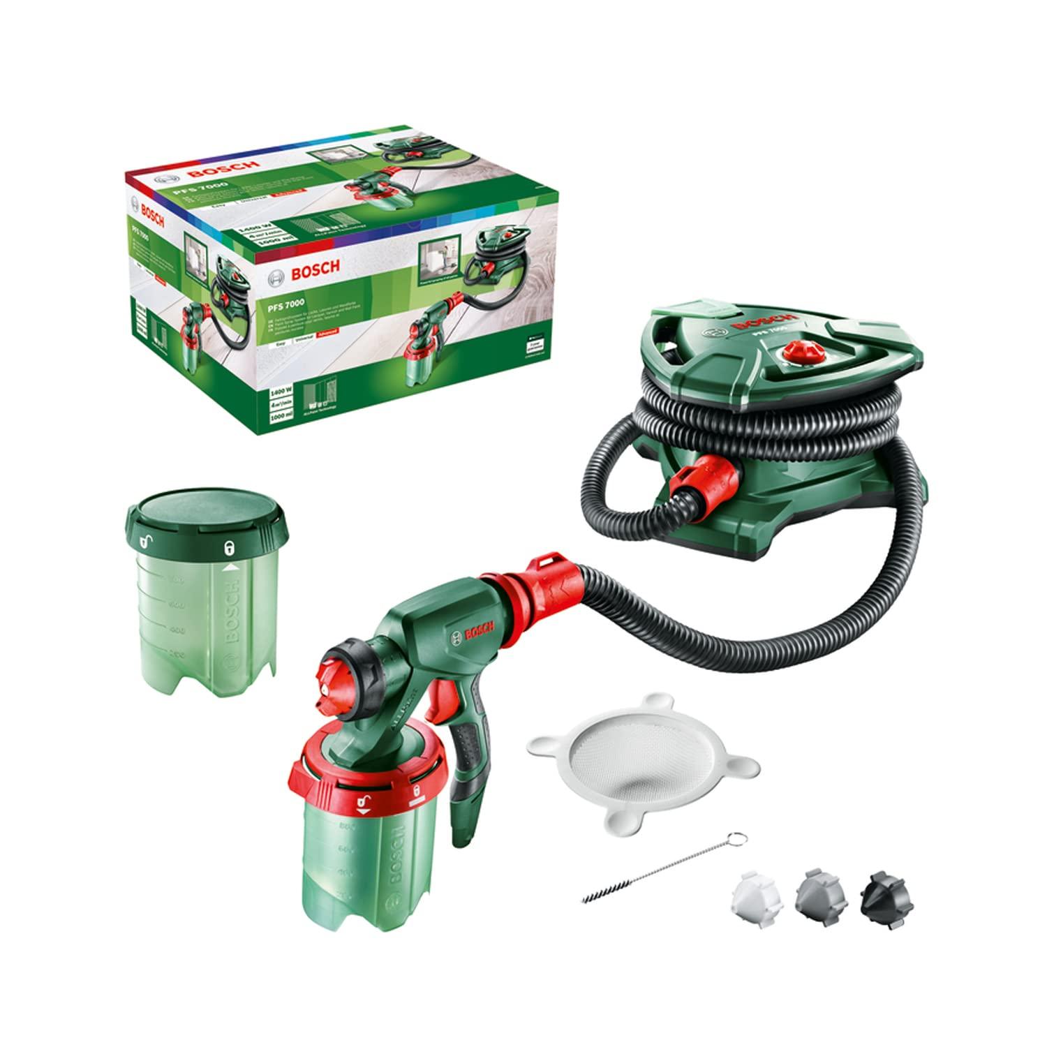 Bosch värvipihustussüsteem PFS 7000 (1400 W, 2x värvianum 1000 ml, 3x düüsid seinavärvidele, lakkidele ja peitsidele, värvifilter, puhastushari, karbis)