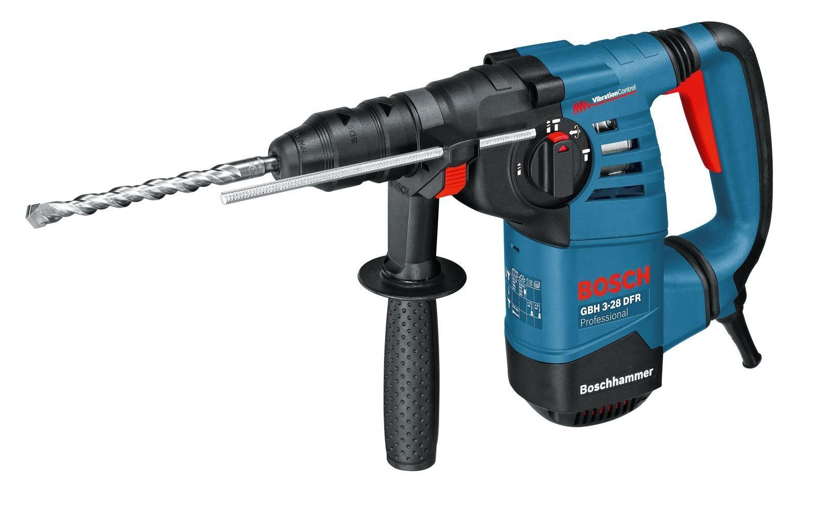 Bosch Professional puurvasar GBH 3-28 DRE (sh kiirpadrun 13 mm, vahetatav padrun SDS-plus, sügavuspiirik 210 mm, lisakäepide, määretuub, masinariie, L-BOXX) – pakend ja tarvikud
