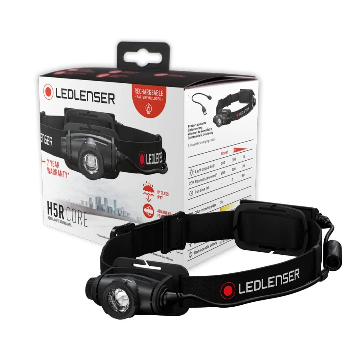 Ledlenser H5R Core pealamp LED, 500 luumenit, laetav liitiumakuga, veekindel IP67, fokuseeritav, sujuvalt hämardatav, Constant Light, valgustuskaugus 200m, USB magnetlaadimiskaabel