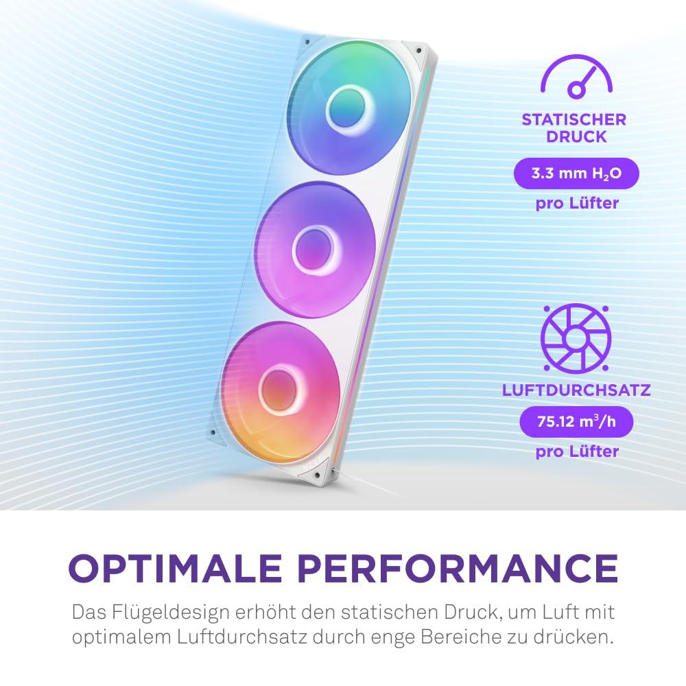 NZXT F360 RGB Core – 360 mm ühe raami ventilaatoriüksus 3 x 120 mm RGB-ventilaatoritega – Kiiruse ja valgustuse juhtimine – Kõrge staatiline rõhk ja õhuvool – 8 aRGB-LED-i ventilaatori kohta – Valge – kasutusnäide