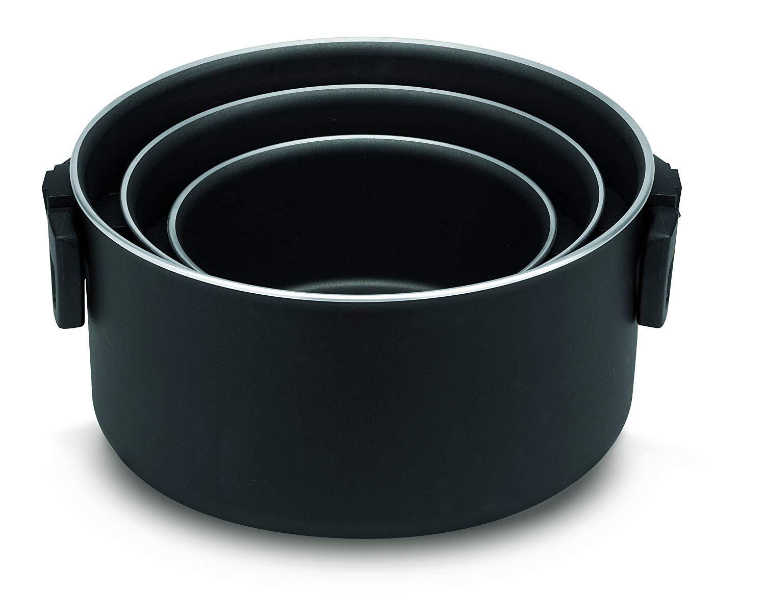 BALLARINI Click + Cook 3-osaline potikomplekt (16 cm + 20 cm + 24 cm), koos 3 klaaskaanega, mittenakkuv pind, kokkupandavad käepidemed, must – kasutusnäide