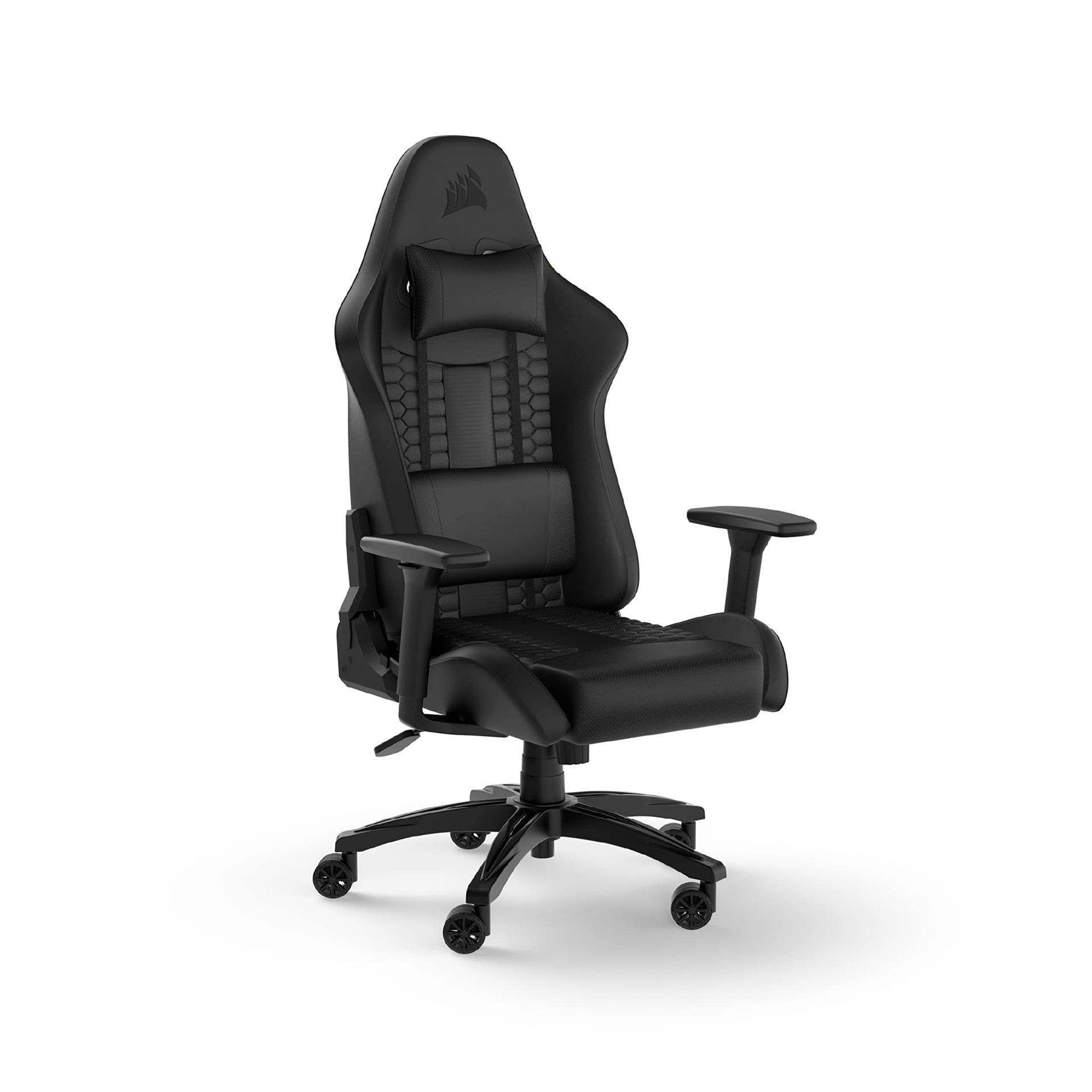 Corsair TC100 Relaxed mänguritool – Kunstnahk – Vormel-1 stiilis disain – Nimmetugi – Eemaldatav mäluvahust kaelapadi – Reguleeritavad käetoed – Must