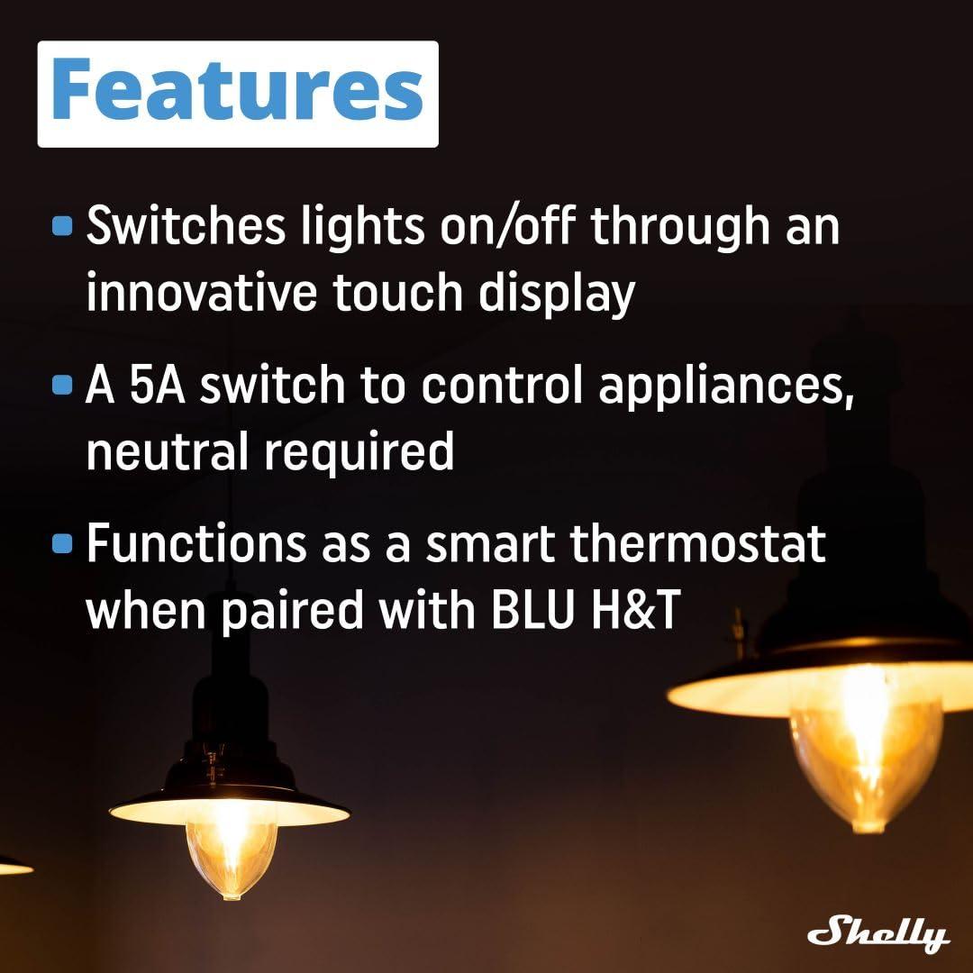 Shelly Seinanäidik Must + Blu H&T Must (Komplekt), Nutikas Juhtimine ja Keskkonnaseire, WiFi & Bluetooth, Termostaat, Sisseehitatud 5A-relee, Vajalik Neutraaljuhe – lisavaade