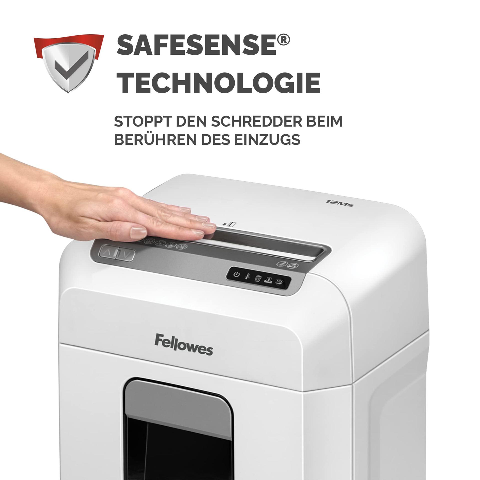Fellowes paberihunt 12Ms, 12 lehte Minicut (P4), dokumentide hävitaja kontorisse ja kodukontorisse, SafeSense tehnoloogia, 23L paberkast, üle 1000 osakese iga A4 lehe kohta, automaatne tagasikäik – lisavaade