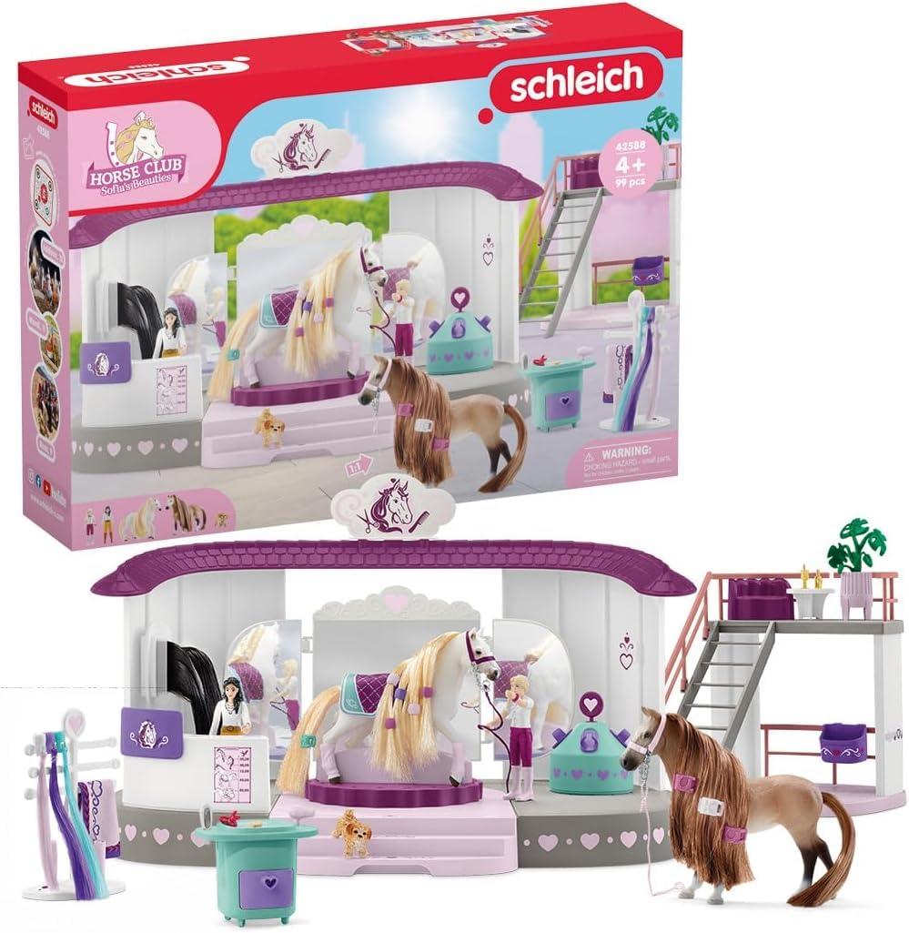 schleich HORSE CLUB 42588 Sofia’s Beauties Hobuste Ilusalong koos Talliga, Harjadega, Tarvikute ja Figuuridega – 99-osaline Mängukomplekt Kammimiseks Mõeldud Lakkadega Hobusega – Hobuste Mänguasi alates 4. eluaastast