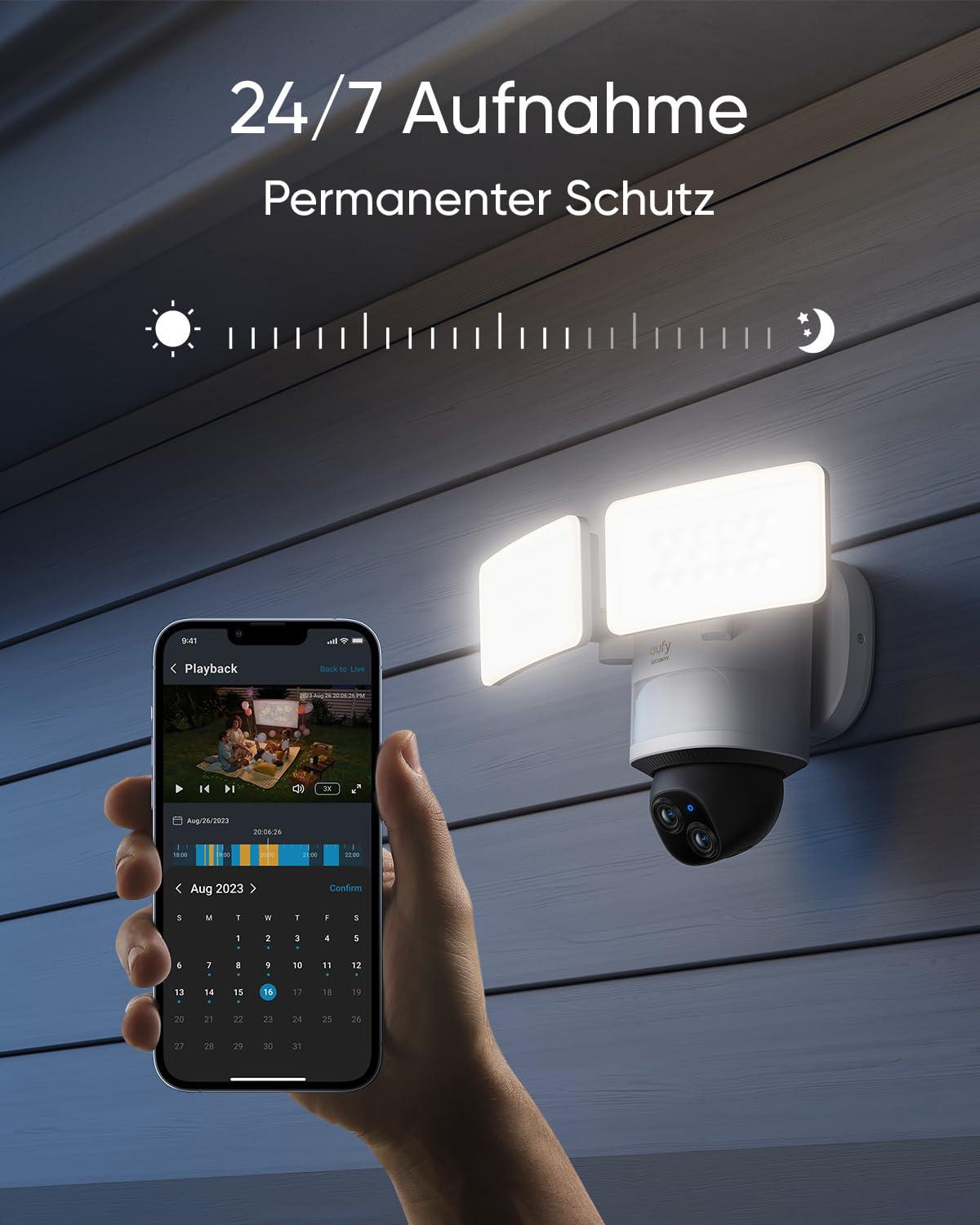 eufy Security Floodlight Kaamera E340, 360° Pöörlev & Kallutatav, 24/7 Salvestus, Dual-Band Wi-Fi, 2.000 Lumen, Liikumisandur, Topeltkaamera, HomeBase 3 Ühilduv, Kohalik Salvestus, Ilma Kuutasuta – lisavaade