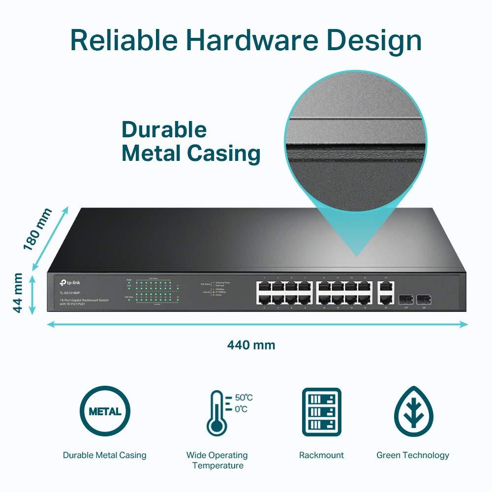TP-Link TL-SG1218MP 16-Port Gigabit PoE LAN-switch (250 W, 16* PoE+ porti, 2*SFP porti, Rackmount, IEEE-802.3af/at, Plug-and-Play) Must – pilt 7