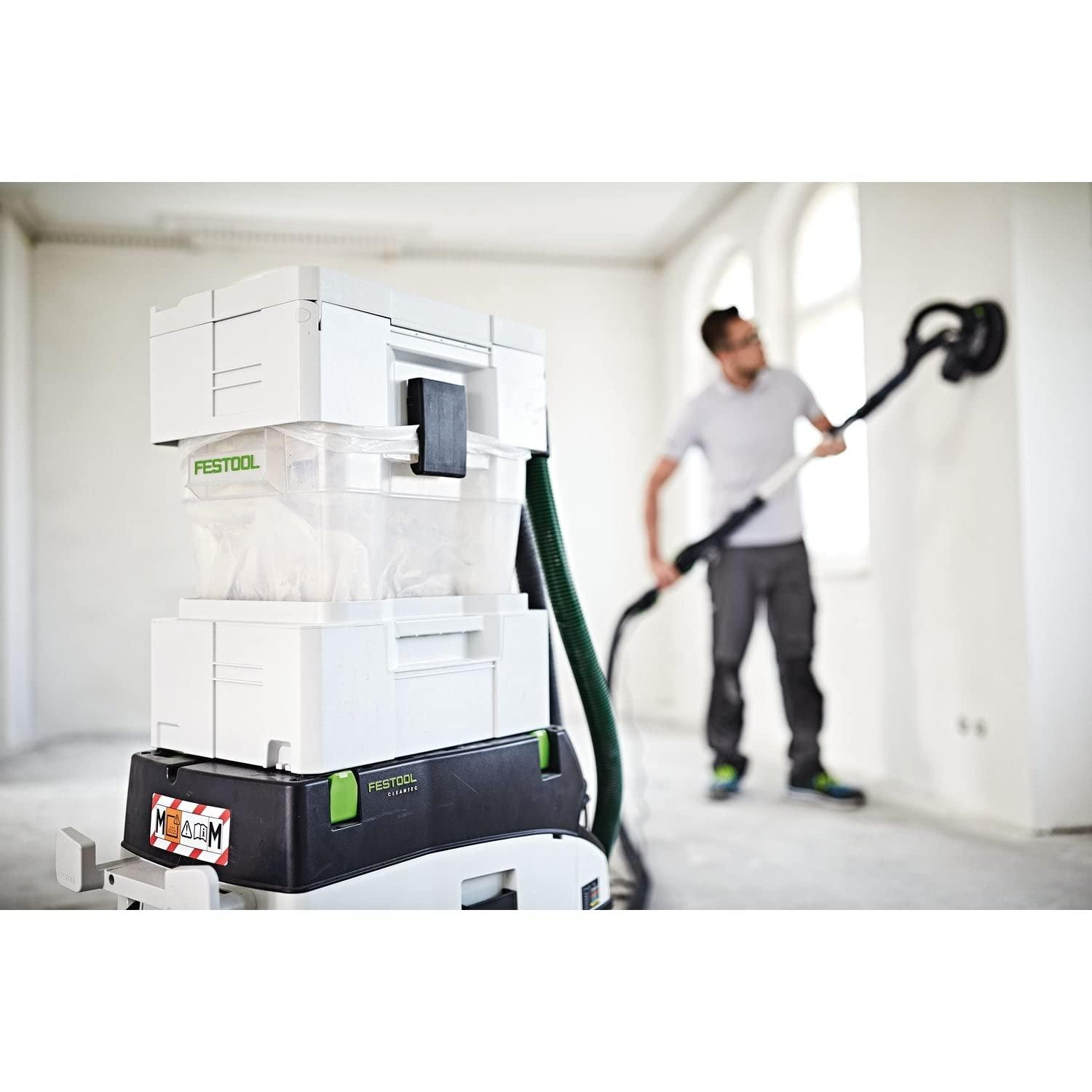 Festool CT eeleraldaja CT-VA-20 koos tsüklon-Systaineri, kogumismahuti, Systaineri vanni, ühendusvooliku, jäätmekoti ja mahuti kaanega – kasutusnäide
