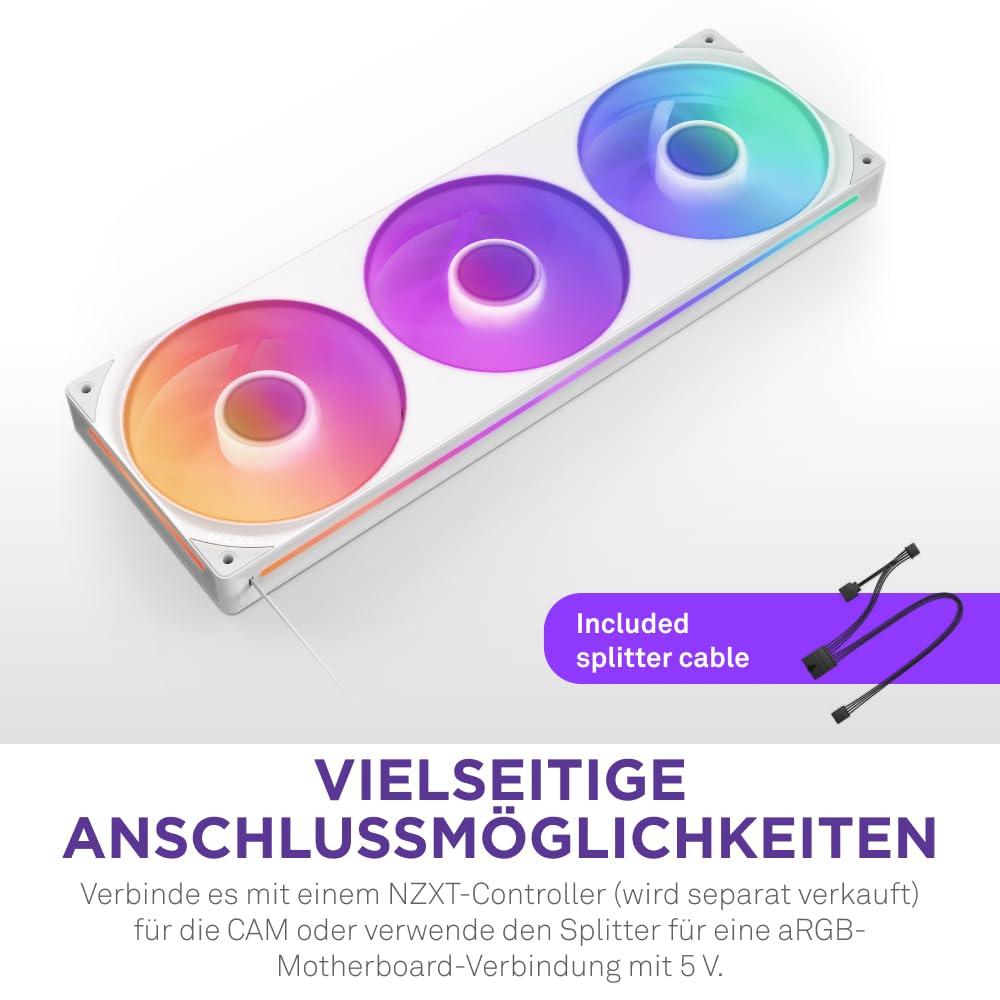 NZXT F360 RGB Core – 360 mm ühe raami ventilaatoriüksus 3 x 120 mm RGB-ventilaatoritega – Kiiruse ja valgustuse juhtimine – Kõrge staatiline rõhk ja õhuvool – 8 aRGB-LED-i ventilaatori kohta – Valge – pakend ja tarvikud