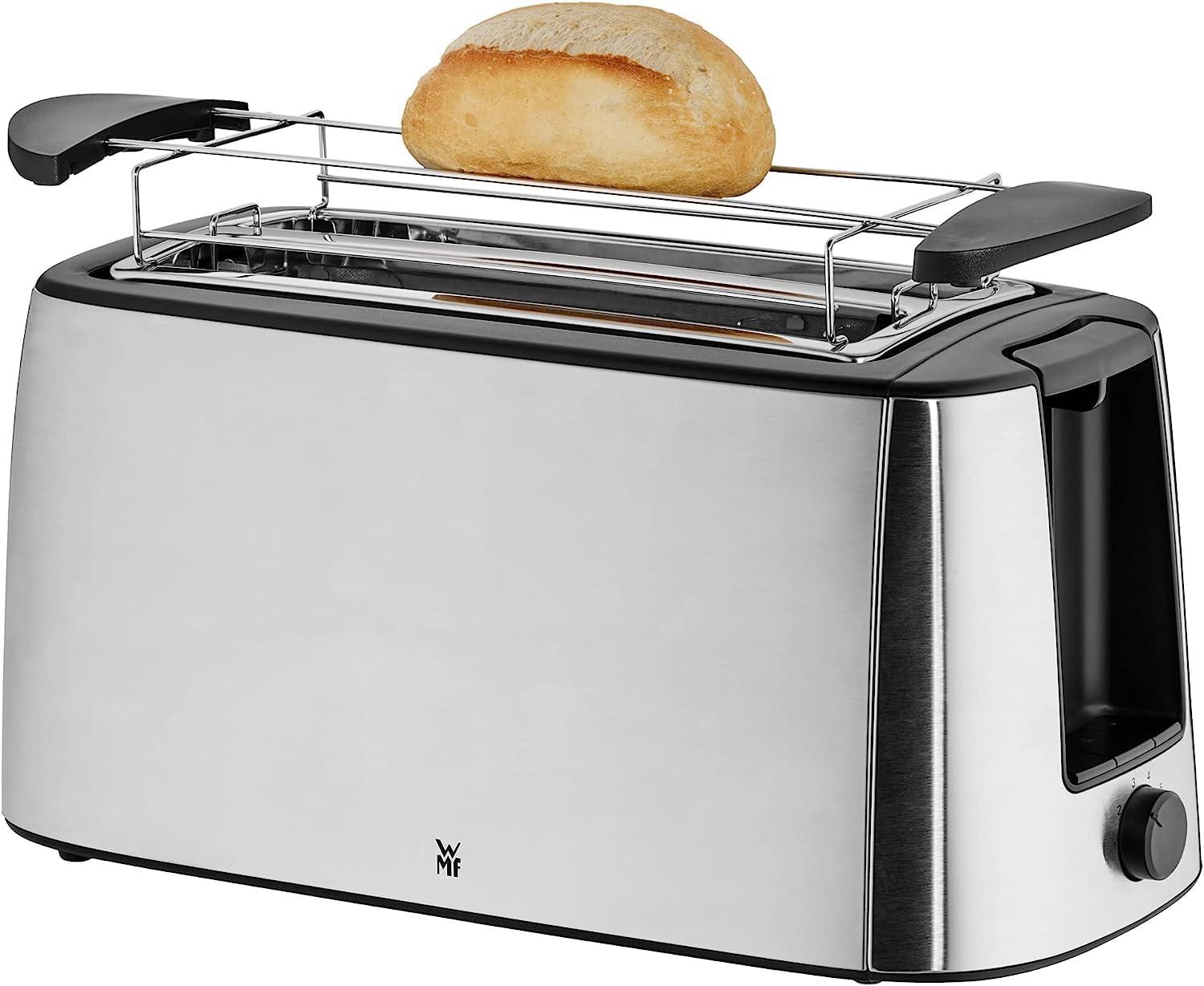 WMF Bueno Pro piklik röster 4 viilu, kuklisoojendaja, XXL röstsai, krõbestamisfunktsioon, 6 pruunistusastet, 1550W, matt roostevaba teras – pakend ja tarvikud