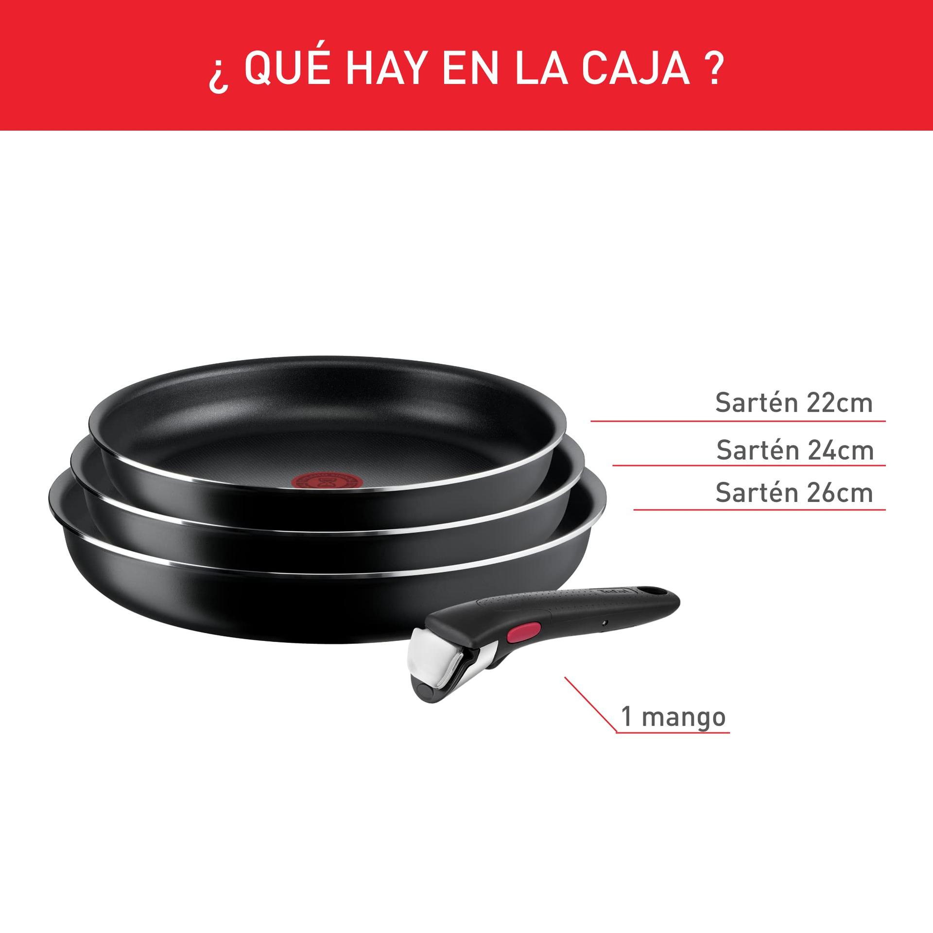 Tefal Ingenio Easy On pannide komplekt, 3 panniga ja eemaldatava käepidemega, 22/24/26 cm, mittenakkuv kate, mitte induktsioonile sobiv, Thermo-Signal, ahjukindel – detailne vaade