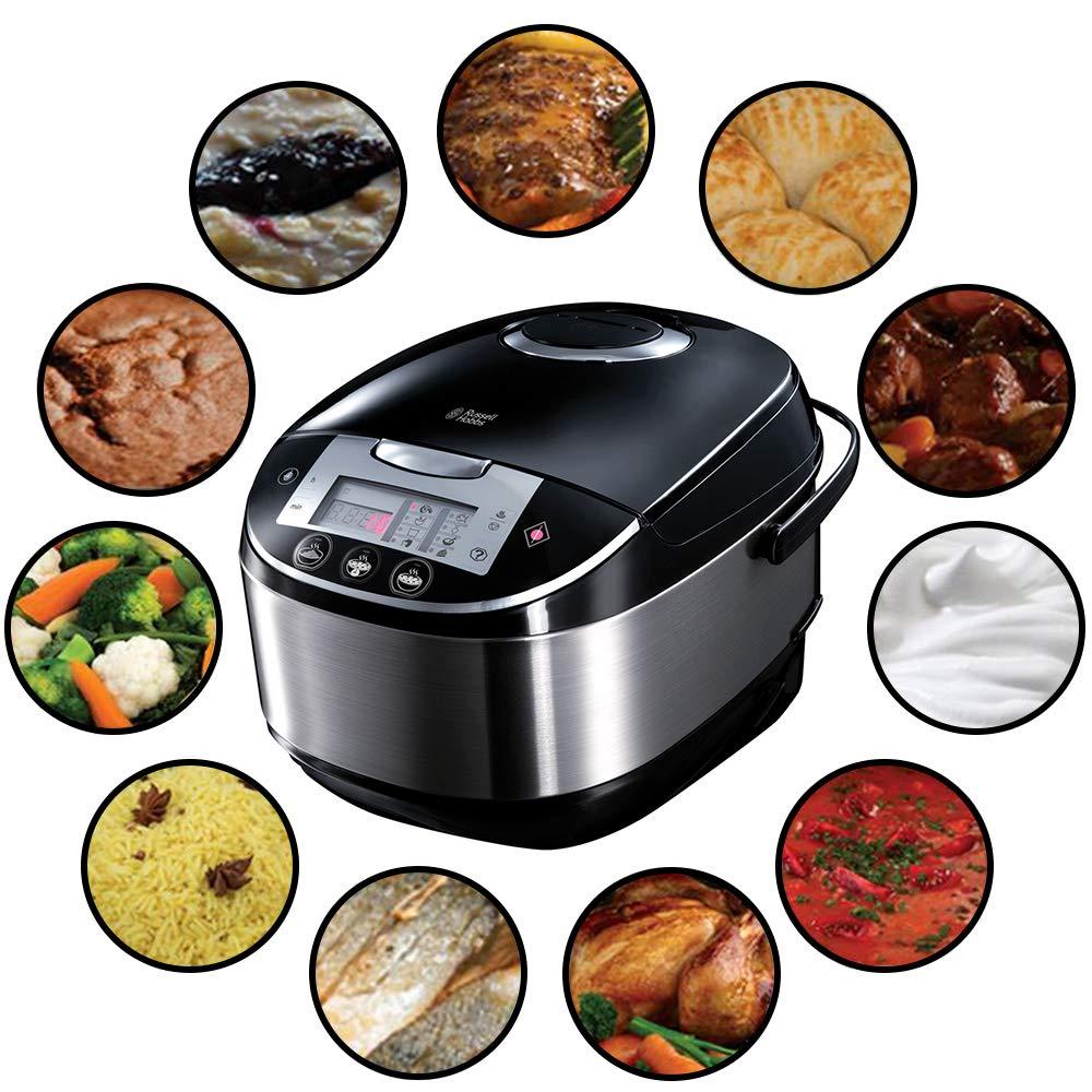 Russell Hobbs Multikeetja [11-ühes: Riisikeetja, Aeglane keetja, Aurutaja, Slow Cooker, Küpsetaja, Jogurtivalmistaja jne.] (5,0 l, digitaalne ekraan, kondensatsioonivastane kaas) 21850-56 – pakend ja tarvikud