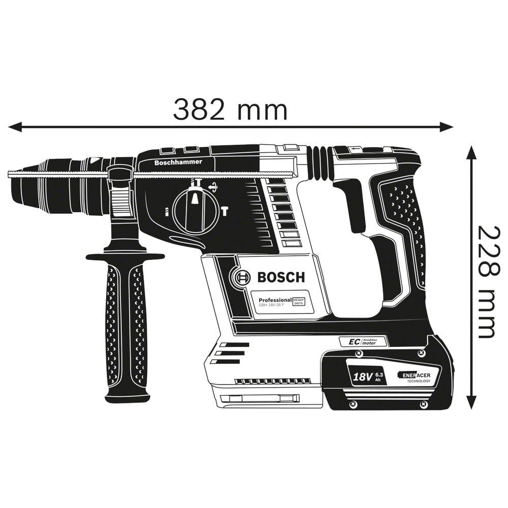 Bosch Professional 18V süsteemi akuga puurvasar GBH 18 V-26 F (sh 2x 5,0Ah aku, kiirlaadija GAL 1880 CV, sügavuspiirik 210mm, masinalapp, lisakäepide, kiirvahetus padrun, L-BOXX) – pakend ja tarvikud
