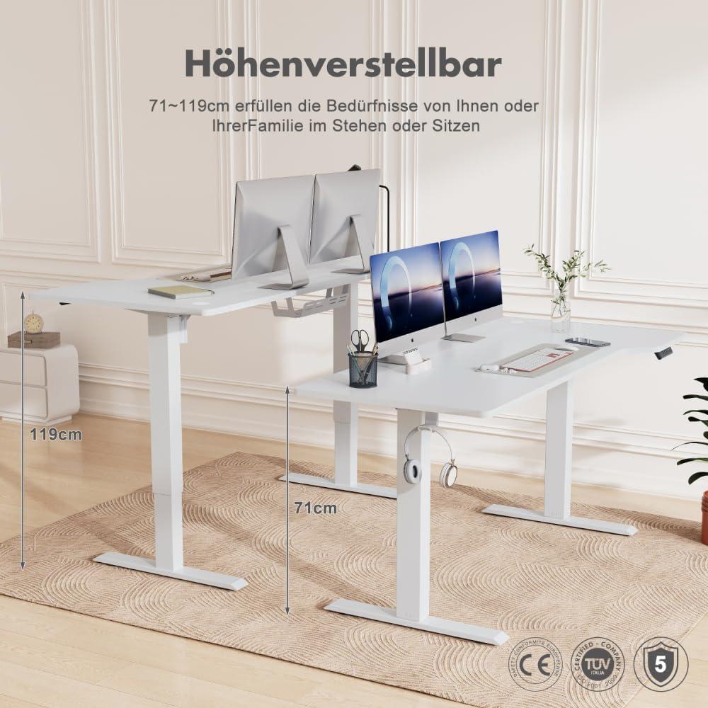 JUMMICO elektriliselt reguleeritav L-kujuline kirjutuslaud 160 x 70 cm, ergonoomiline mängurilaud konksuga (valge) – detailne vaade