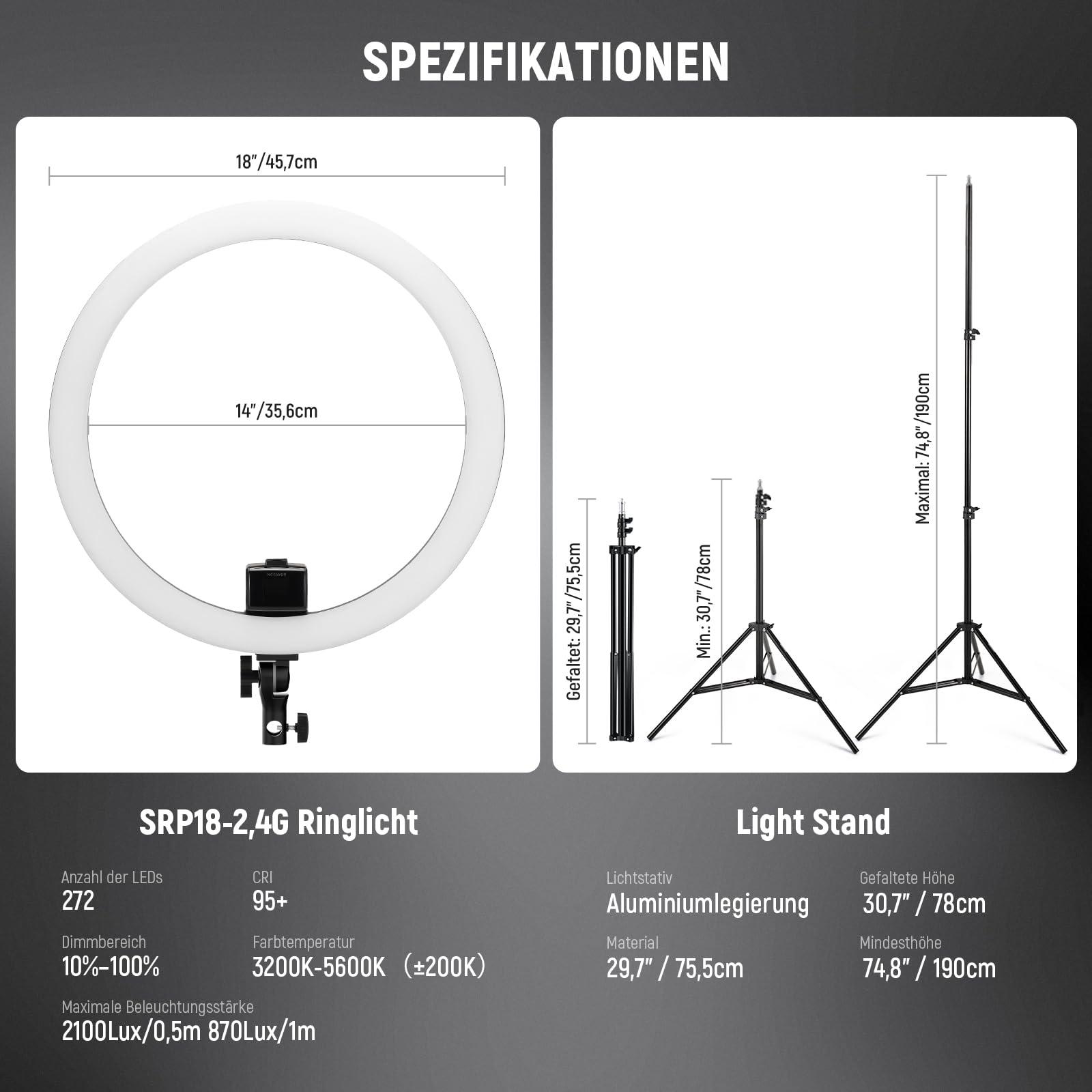 NEEWER Ringvalgusti SRP18-2,4G 18-tolline LED koos statiivi ja telefoniklambriga, 2,4G & puutetundlik manuaalne juhtimine, 42W 3200-5600K valgustus tätoveeringutele, ripsmetele, juuksuritele ja fotograafiale (must) – pilt 8