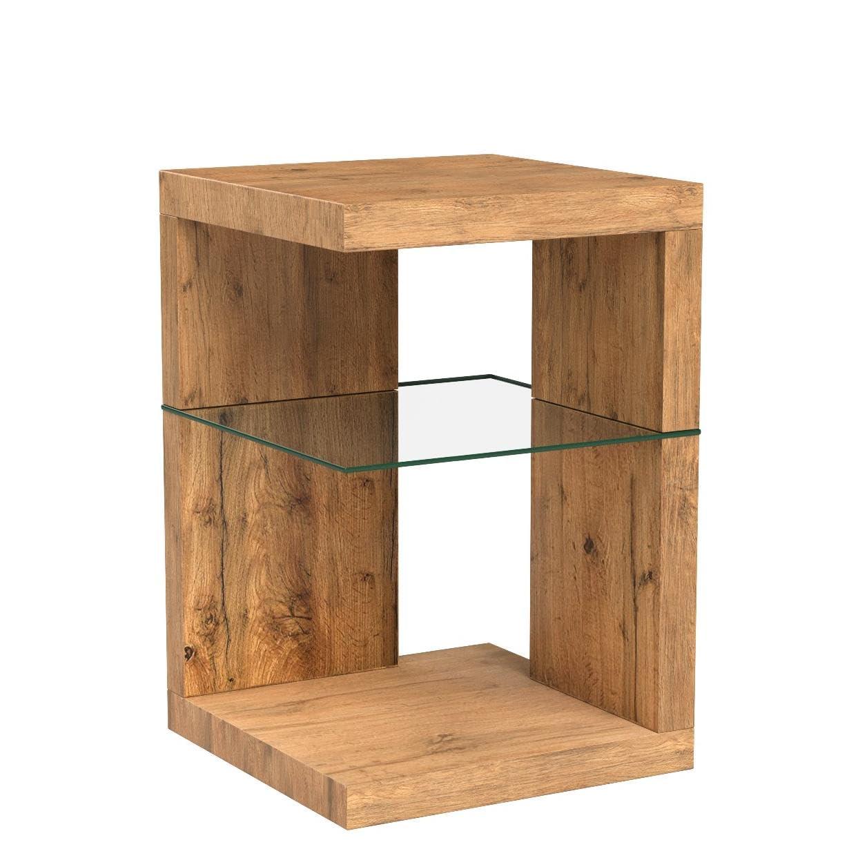 M2 Kollektsioon Domingo abilaud/öökapp | Modernne disain | MDF metsiku tamme dekoriga | Lisapanipaik | Karastatud klaas, 40x40x60 cm | Mitmekülgne kasutamine – detailne vaade